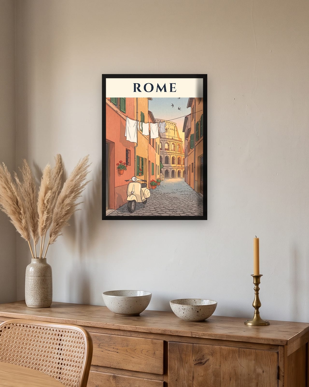 Rome Scooter and Colosseum print, black frame A3 above an oak sideboard