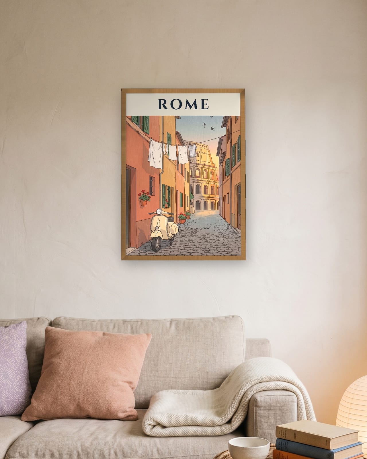 Rome Scooter and Colosseum print, natural oak frame A3 above a linen sofa