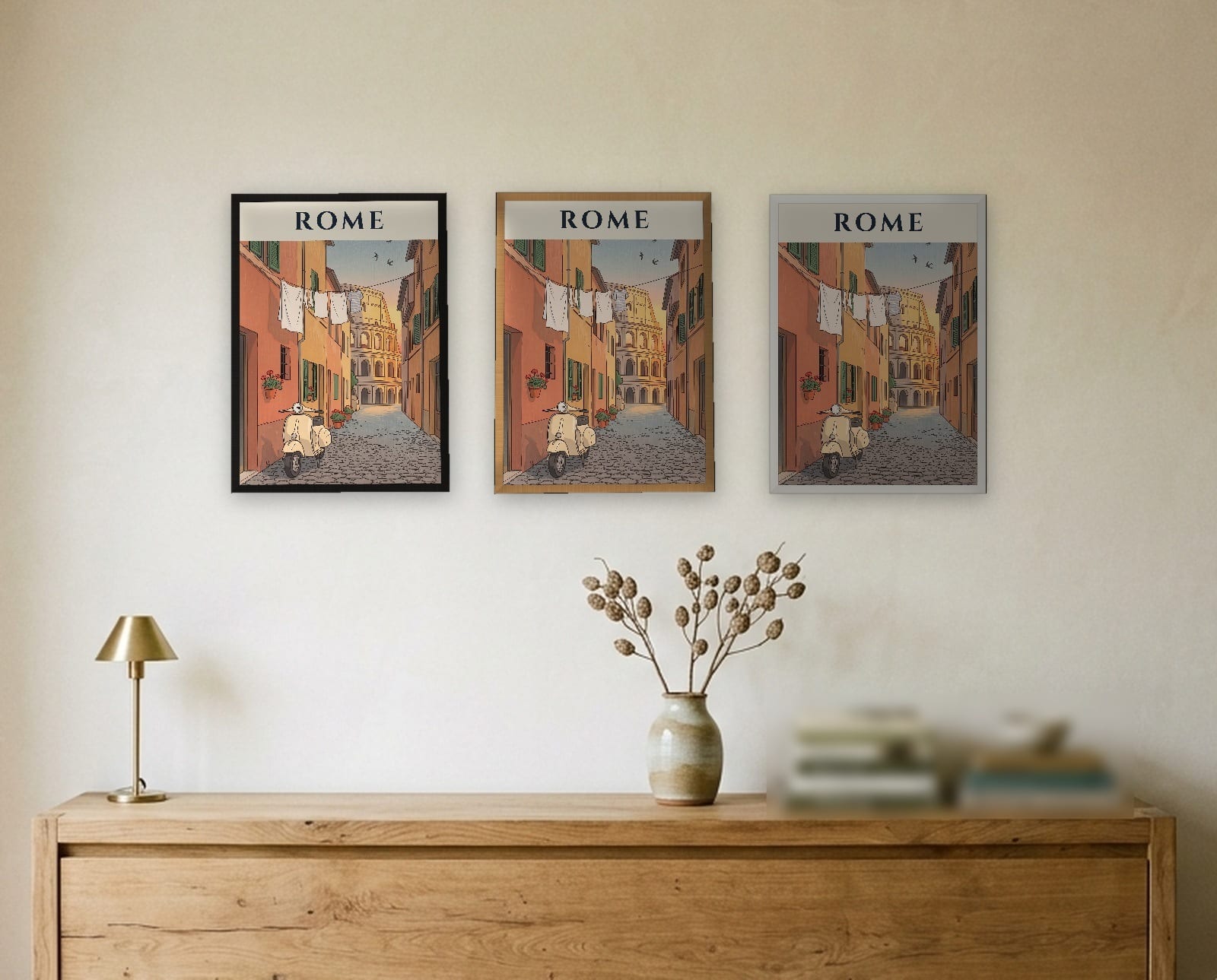 Rome Scooter and Colosseum print: the three frame finishes side by side in black, natural oak and white
