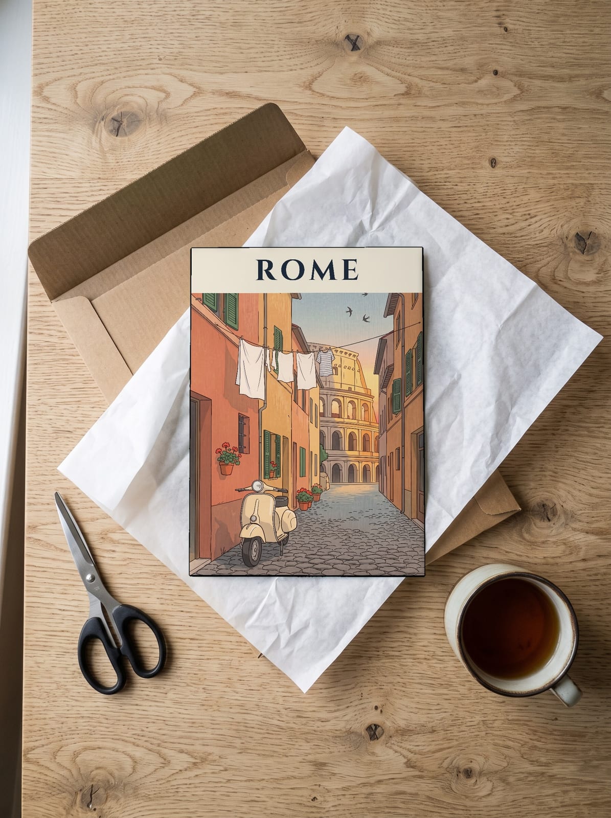 Rome Scooter and Colosseum print: unboxing the unframed A4 print in its mailer
