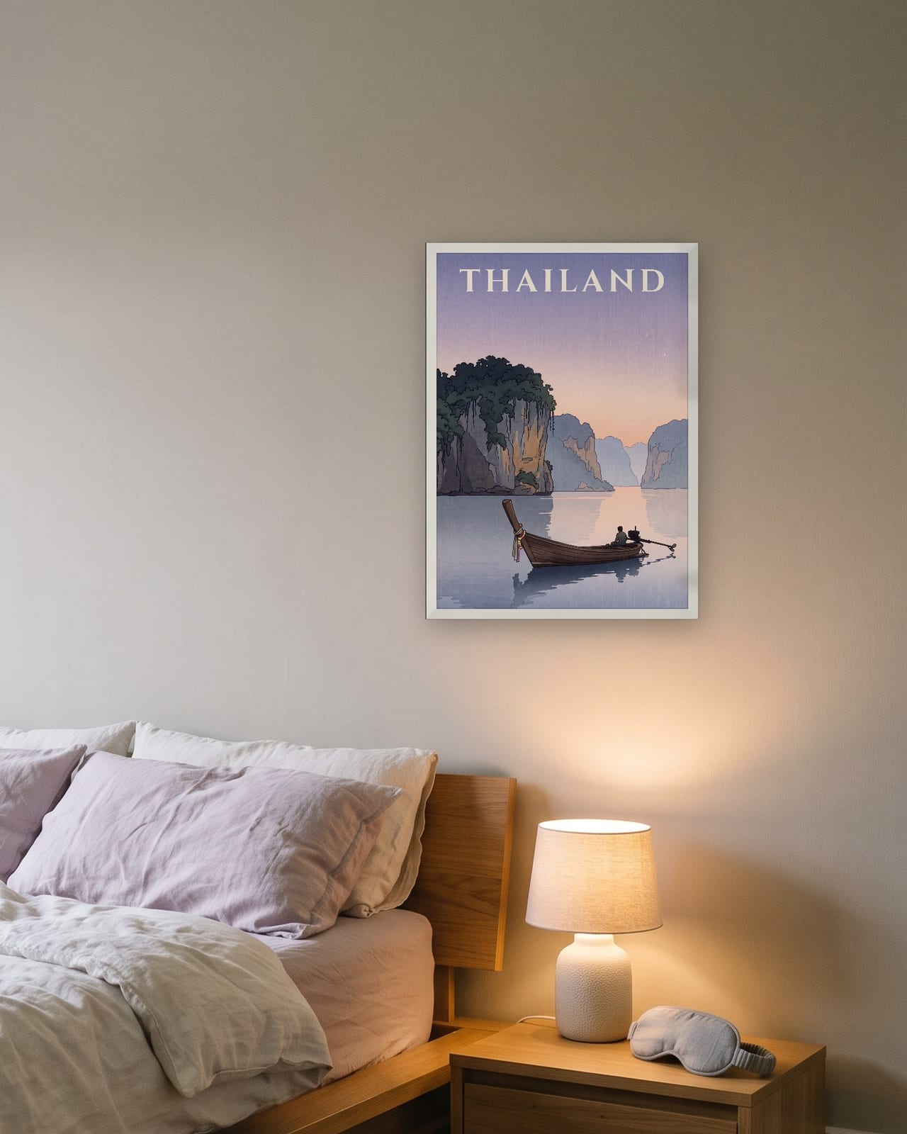 Thailand Longtail Boat print, white frame A3 above a bedside table