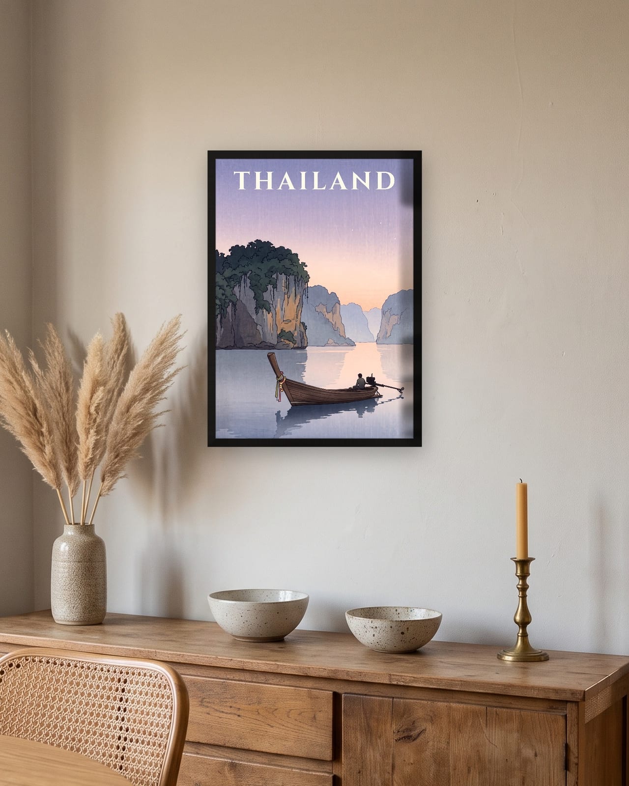 Thailand Longtail Boat print, black frame A3 above an oak sideboard