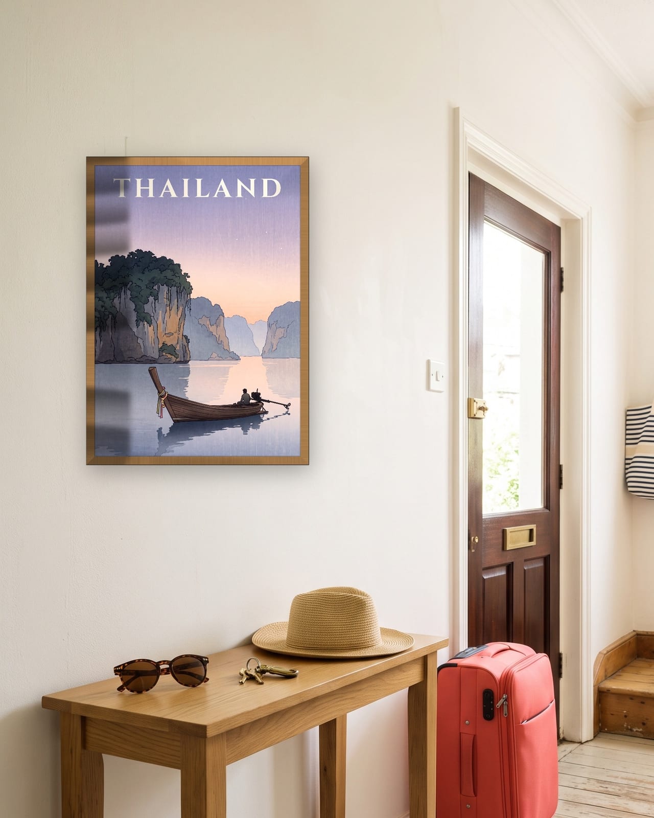 Thailand Longtail Boat print, oak frame A3 in a sunny hallway with a packed suitcase