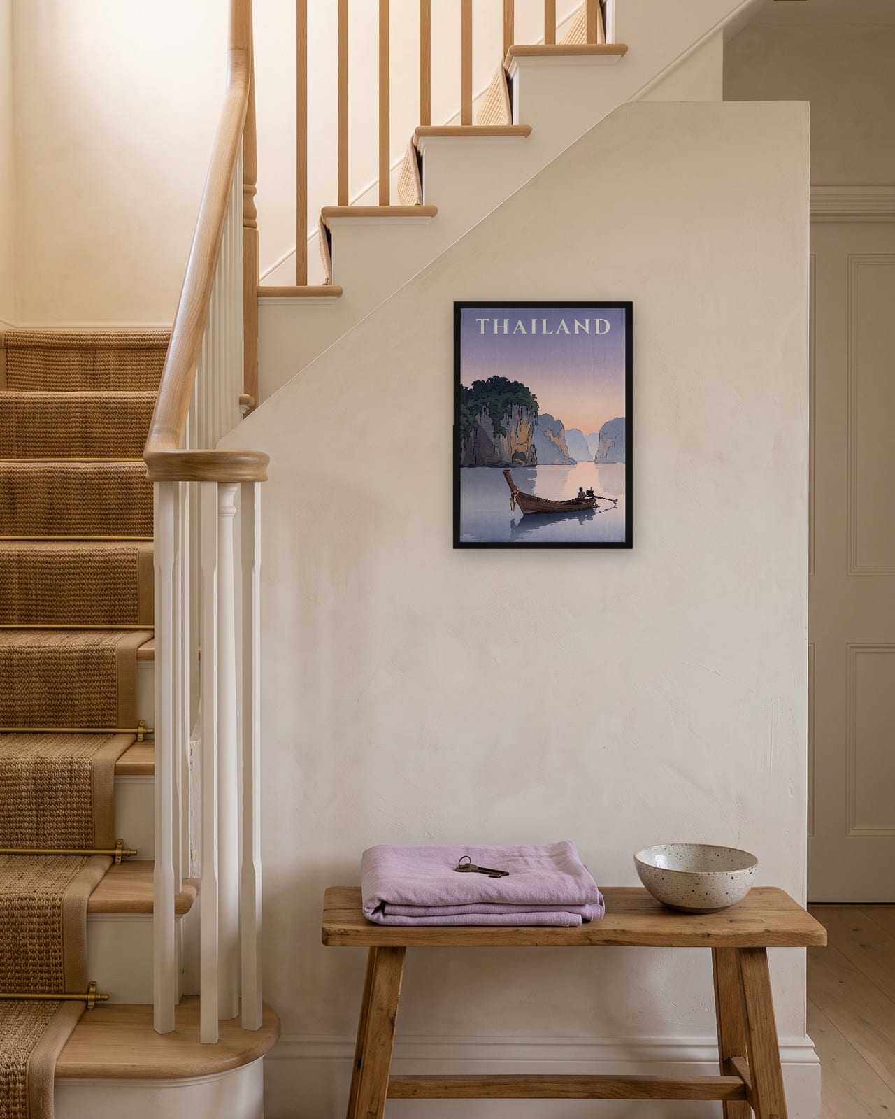 Thailand Longtail Boat print, black frame A3 on a staircase wall