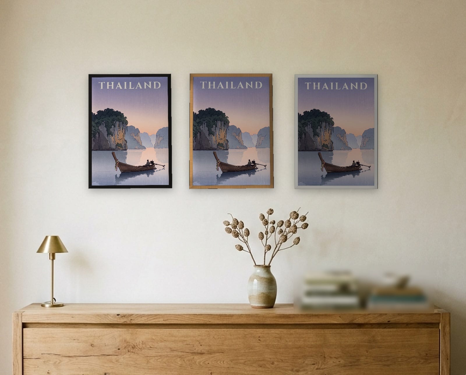 Thailand Longtail Boat print: the three frame finishes side by side in black, oak and white