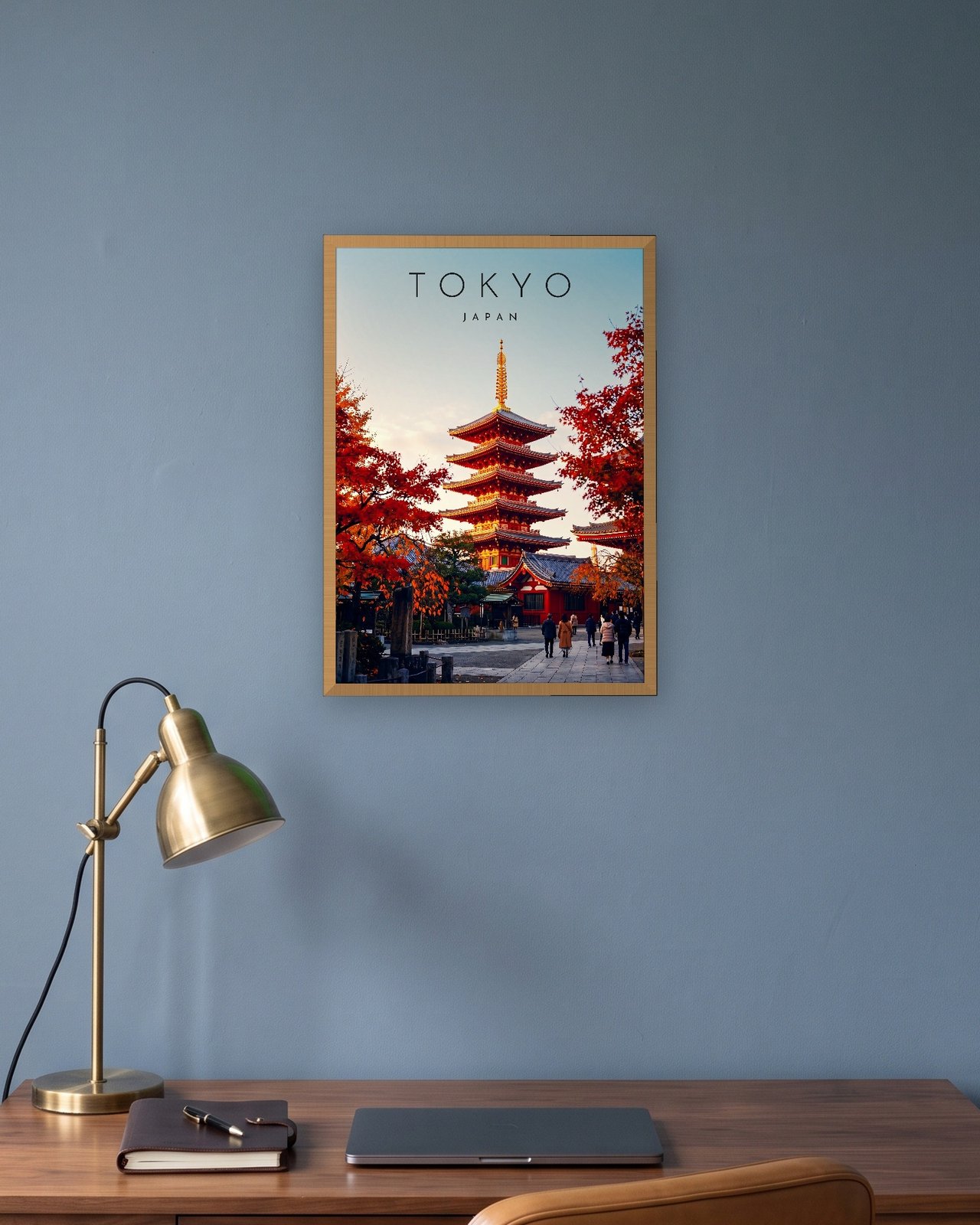 Tokyo Pagoda in Autumn print, natural oak frame A3 in a slate-blue study