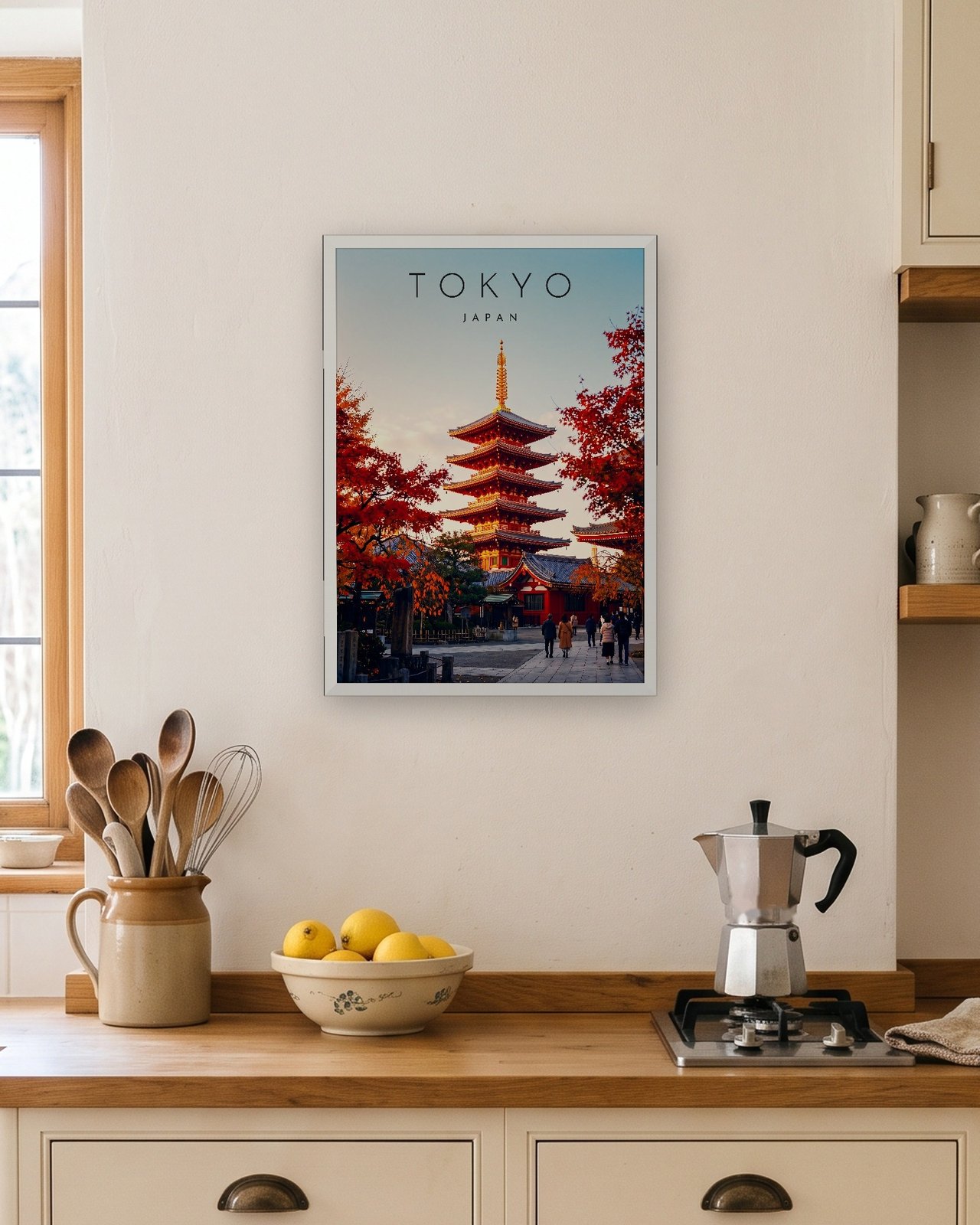 Tokyo Pagoda in Autumn print, white frame A3 in a bright kitchen