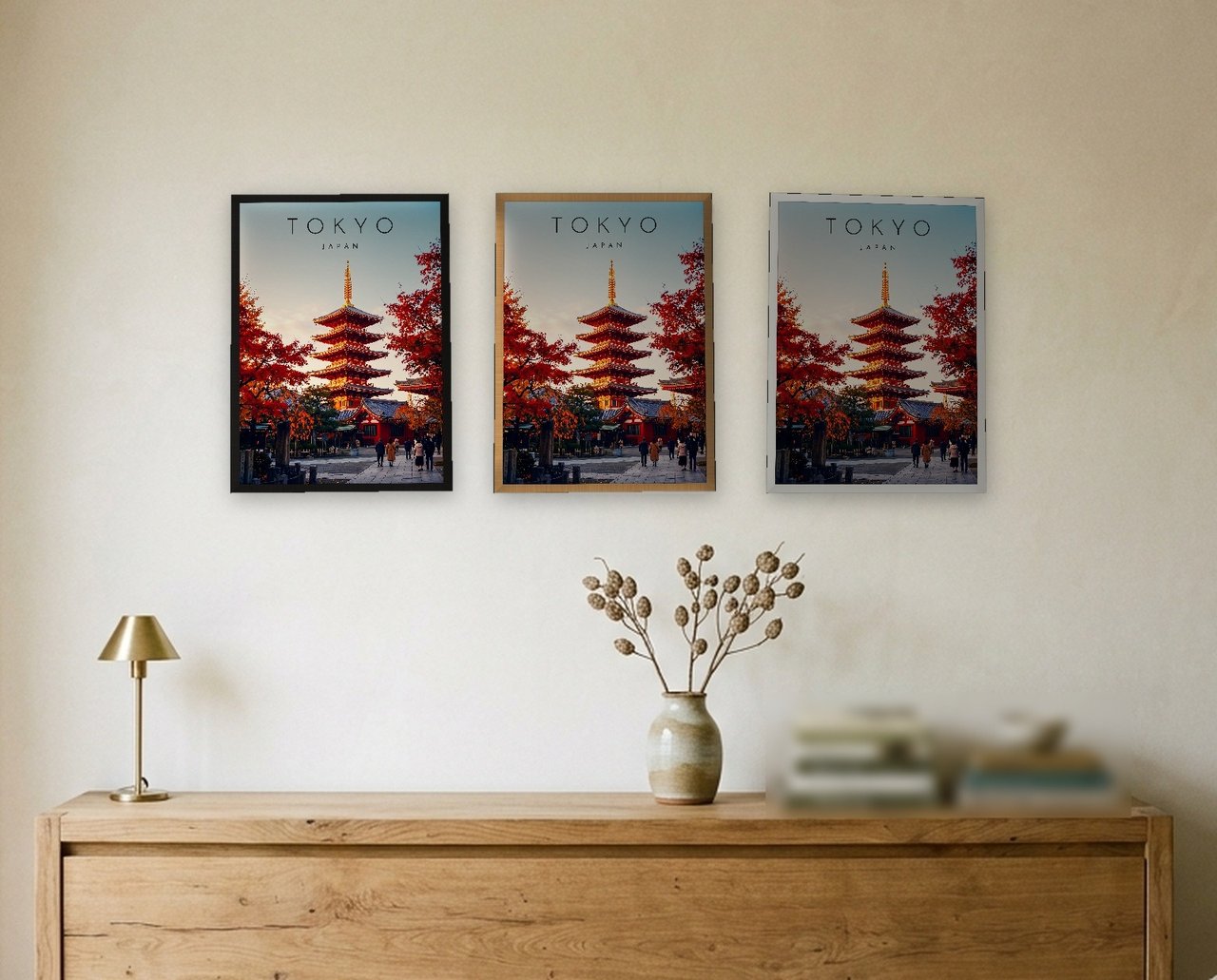 Tokyo Pagoda in Autumn print: the three frame finishes side by side black, natural oak and white