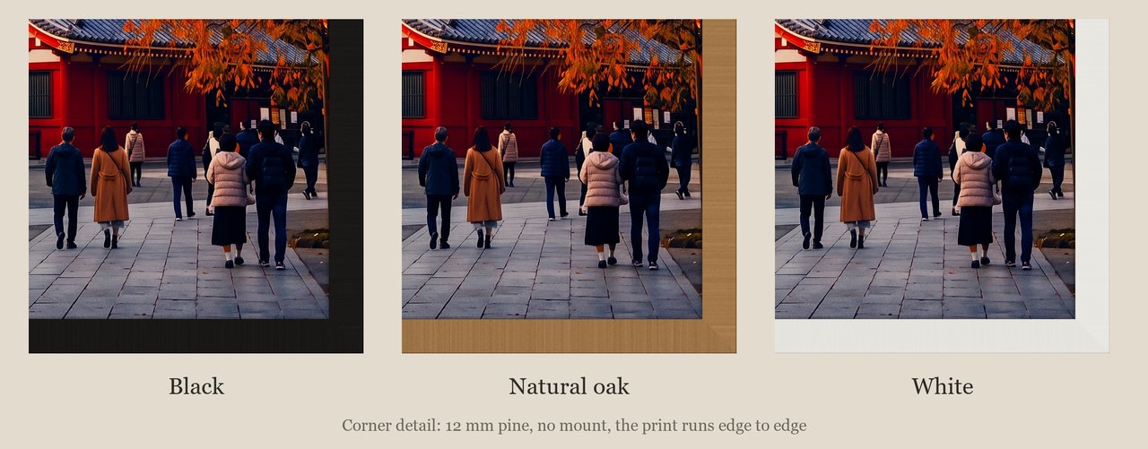 Tokyo Pagoda in Autumn print: corner detail of each finish