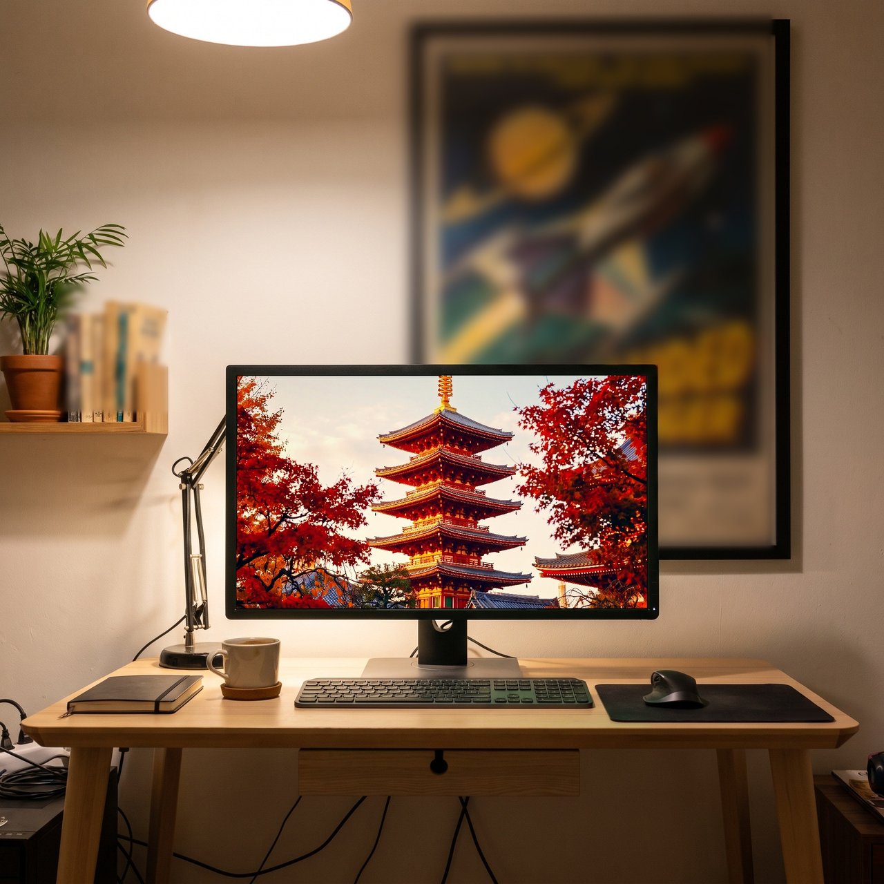 Tokyo Pagoda in Autumn print: the digital wallpaper on a desktop screen