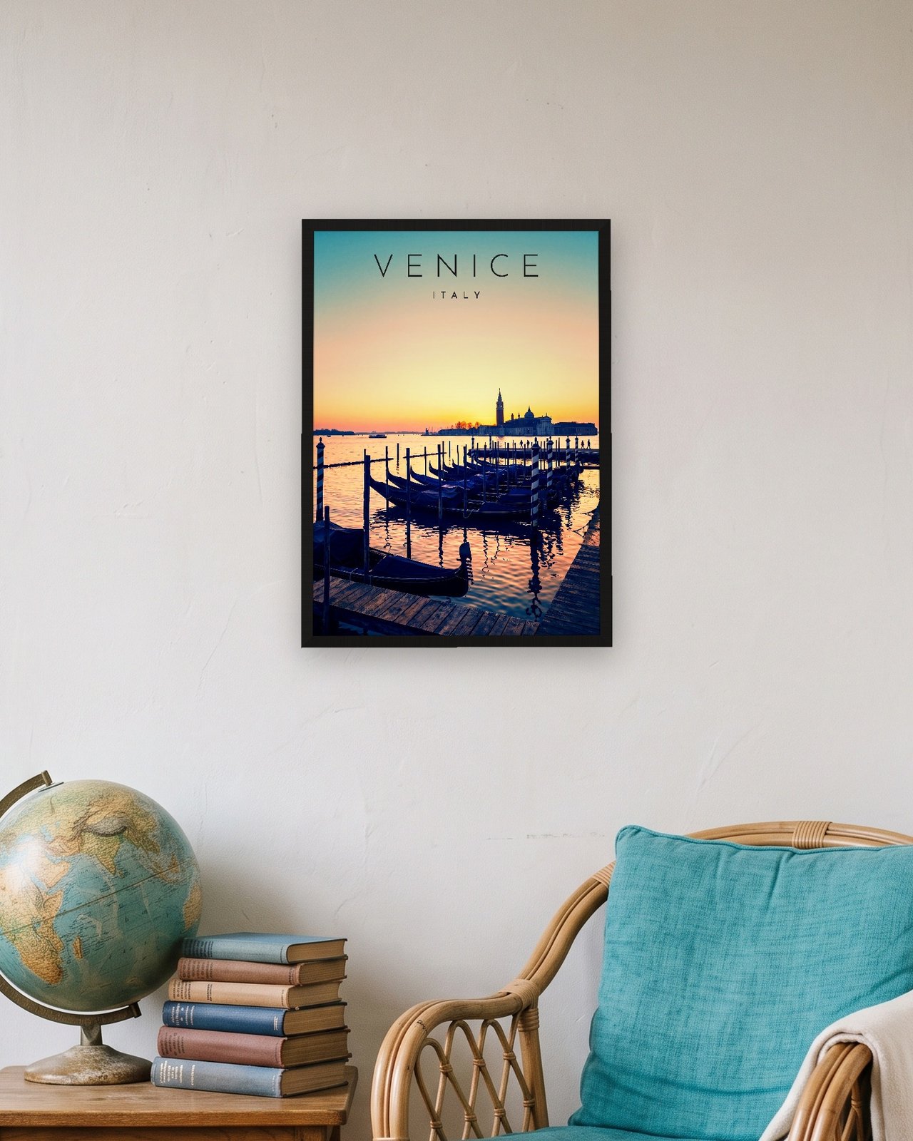 Venice Gondolas at Sunrise print, black frame A3 in a travel lover's flat