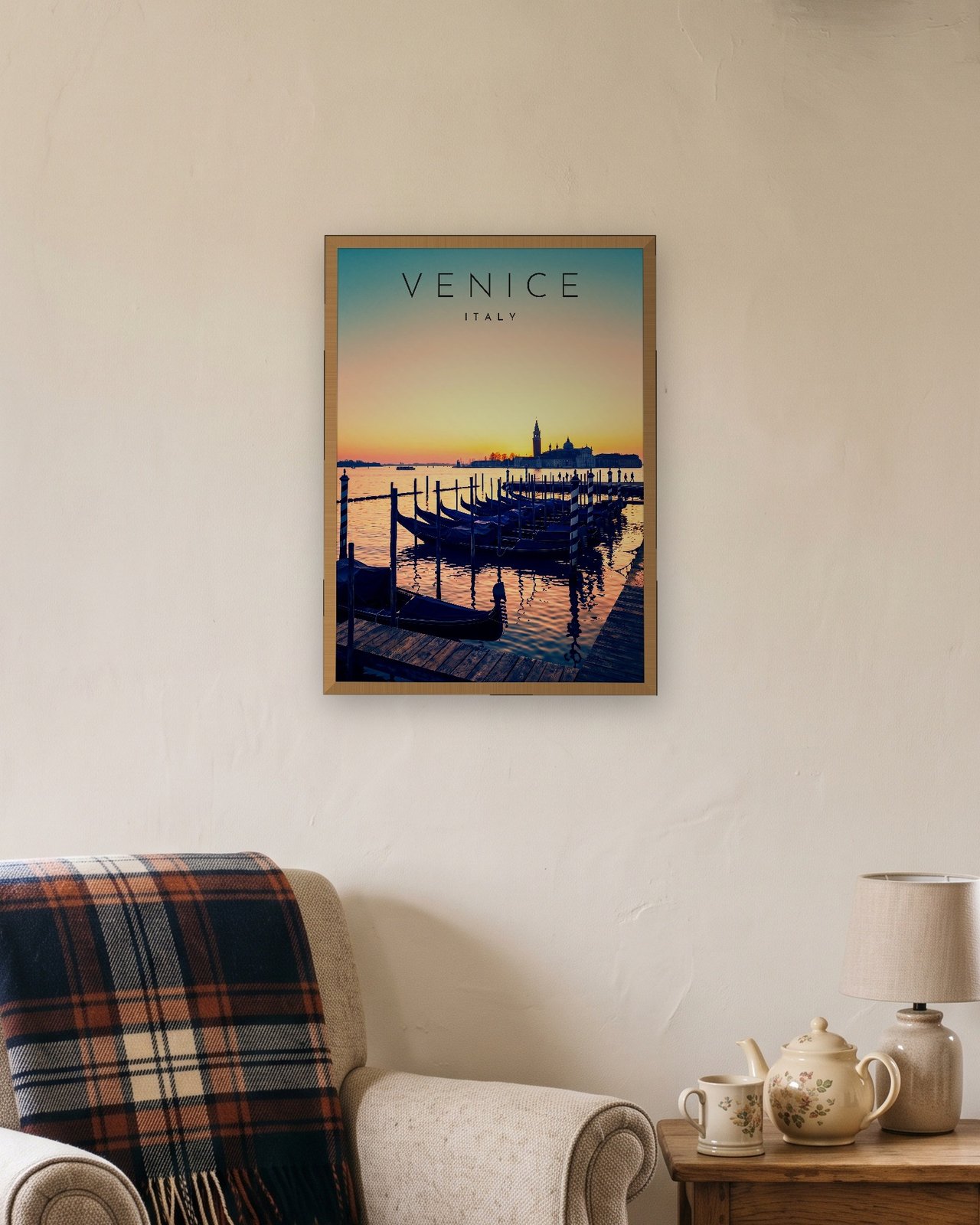Venice Gondolas at Sunrise print, natural oak frame A3 in a cottage snug
