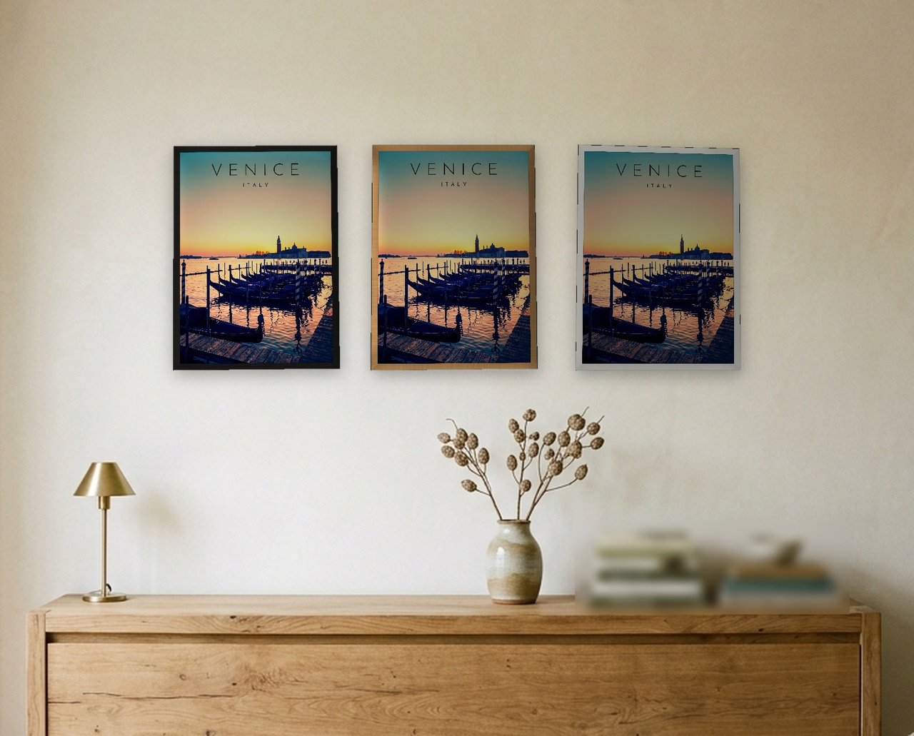 Venice Gondolas at Sunrise print: the three frame finishes side by side black, natural oak and white