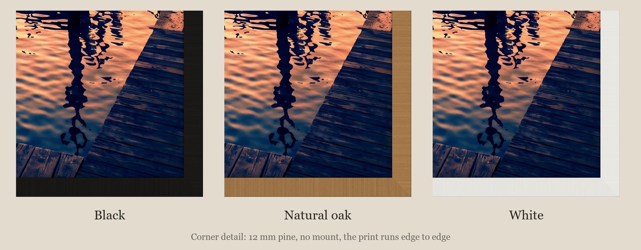 Venice Gondolas at Sunrise print: corner detail of each finish
