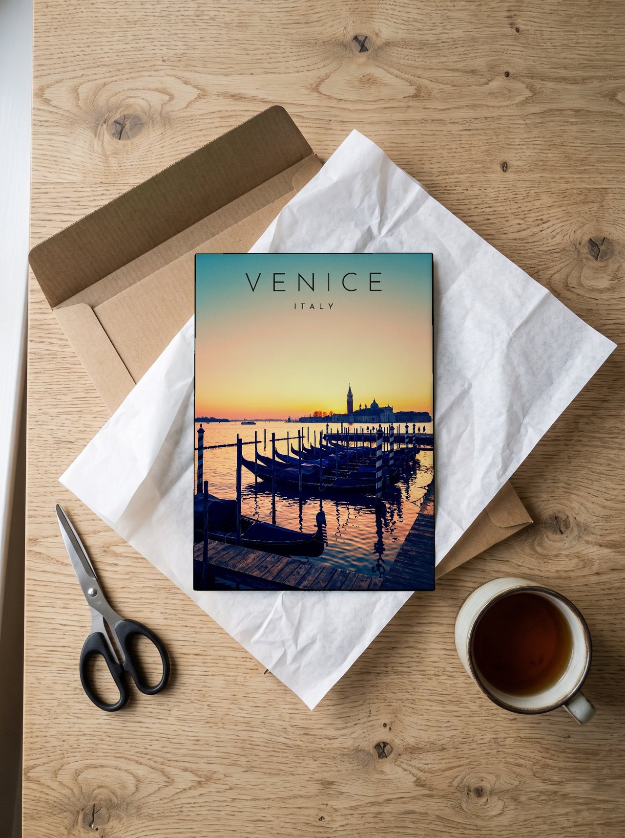 Venice Gondolas at Sunrise print: unboxing the unframed A4 print in its mailer