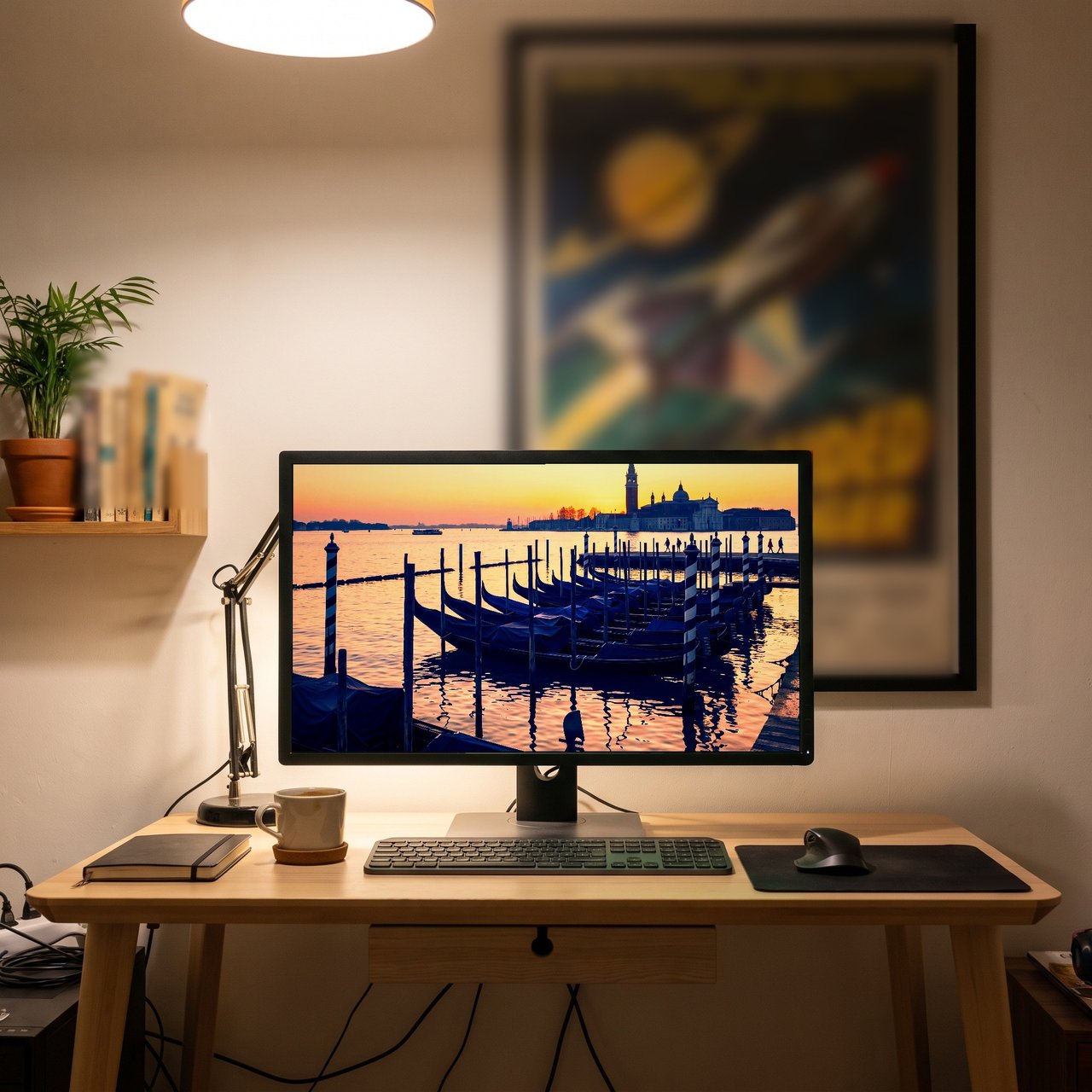 Venice Gondolas at Sunrise print: the digital wallpaper on a desktop screen