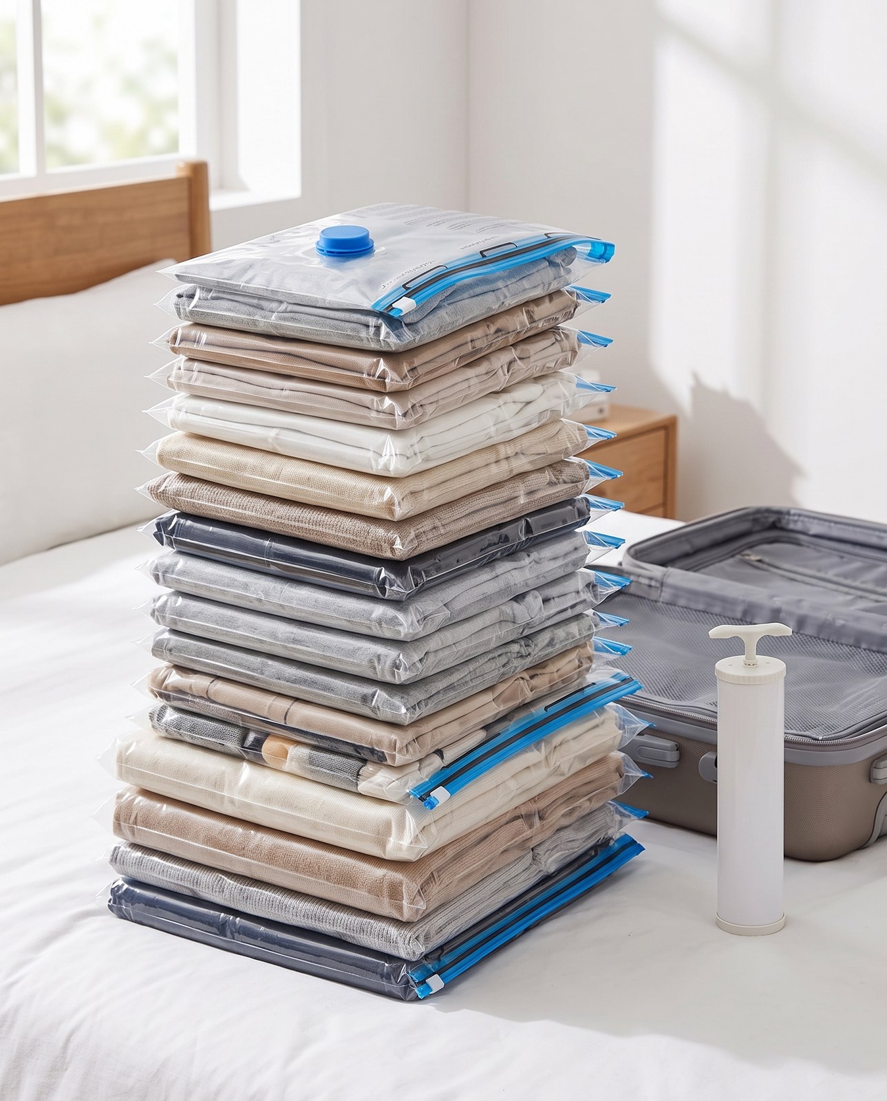 Clothes packed flat in clear vacuum storage bags beside a hand pump