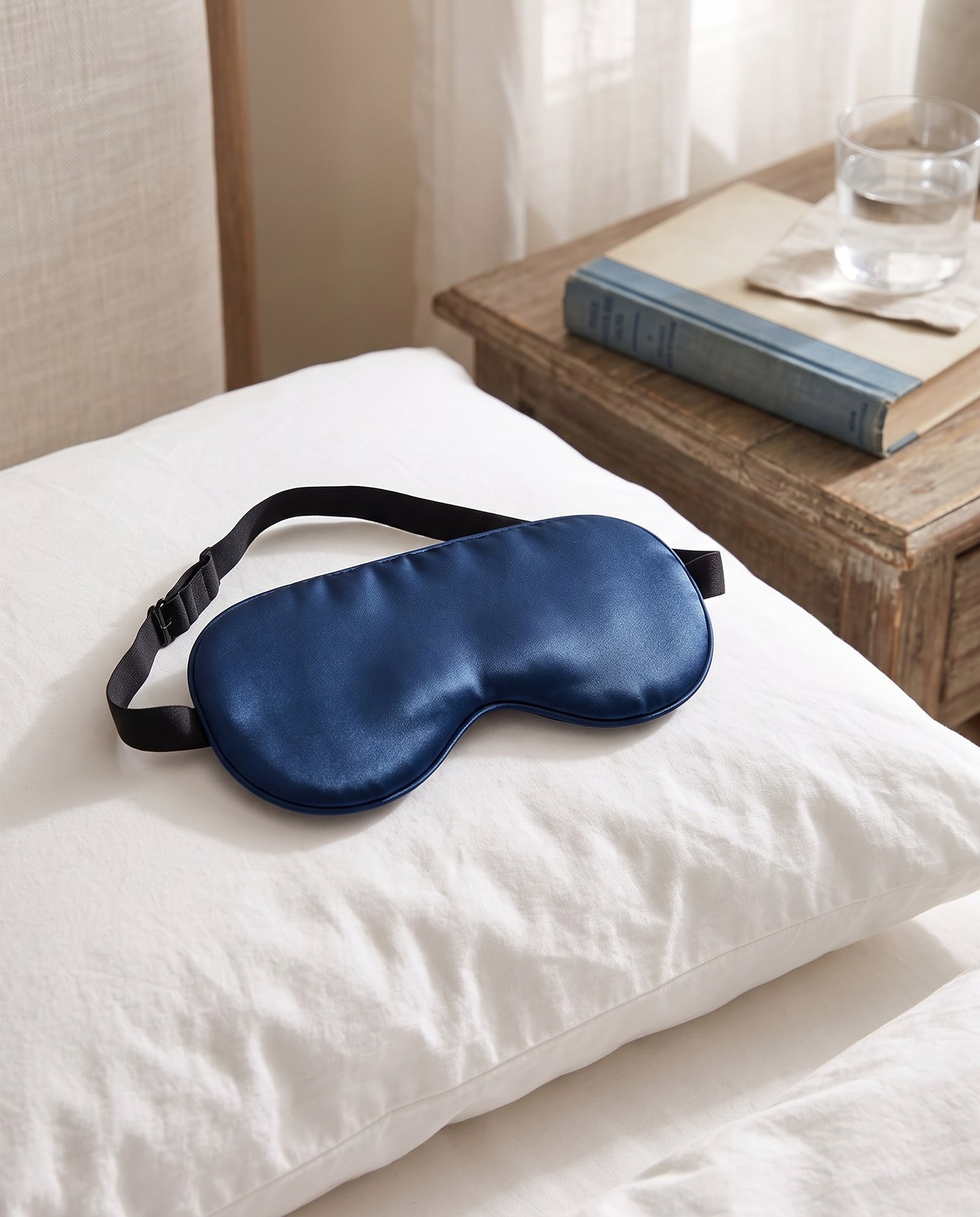 Navy silk sleep mask on a white pillow
