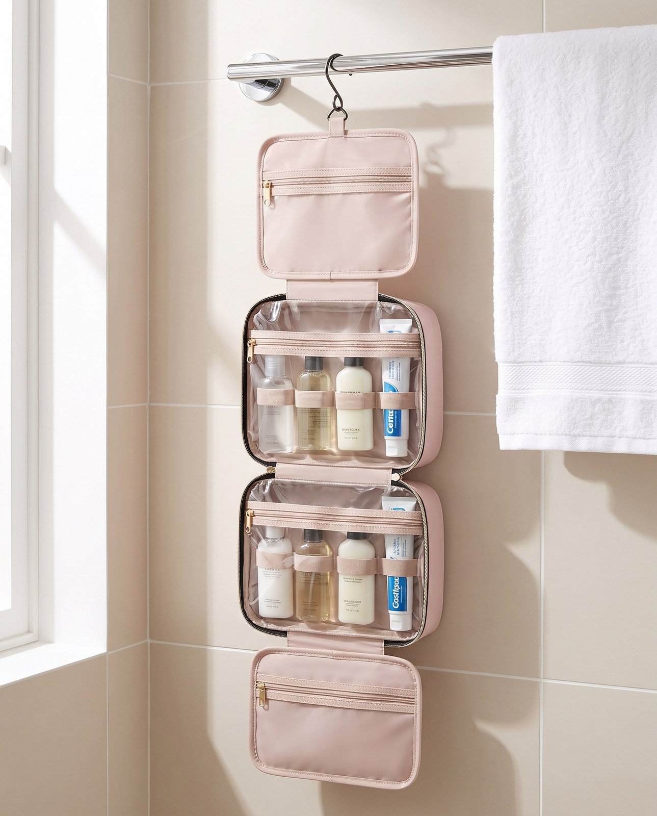 Pink hanging toiletry bag on a bathroom rail