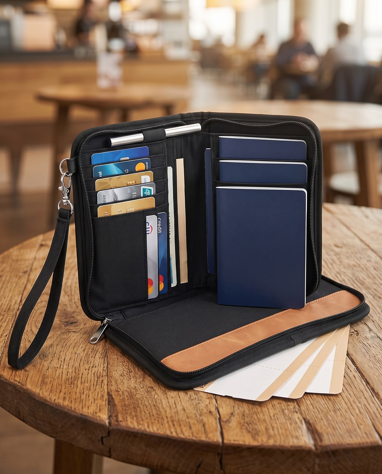 Black family passport holder with a wrist strap, open on a cafe table