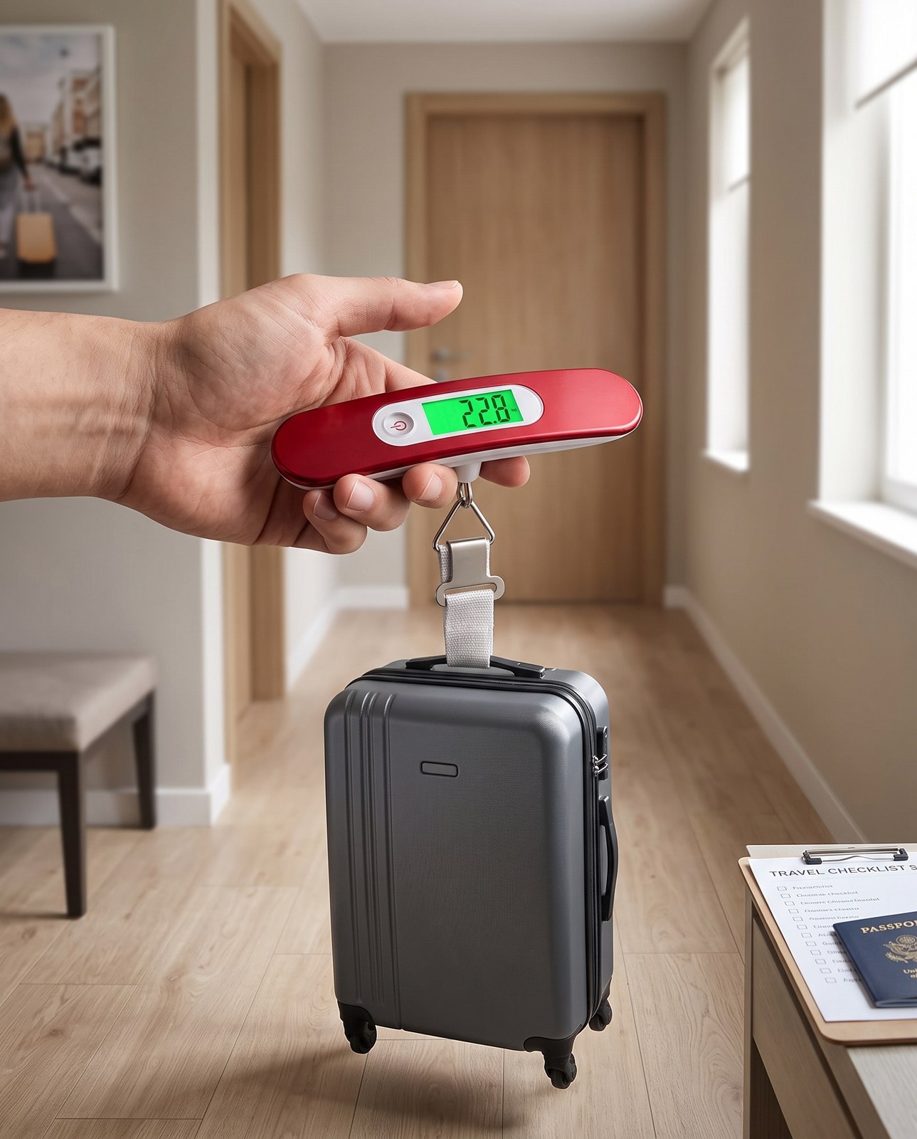 Hand holding a red digital luggage scale lifting a cabin suitcase