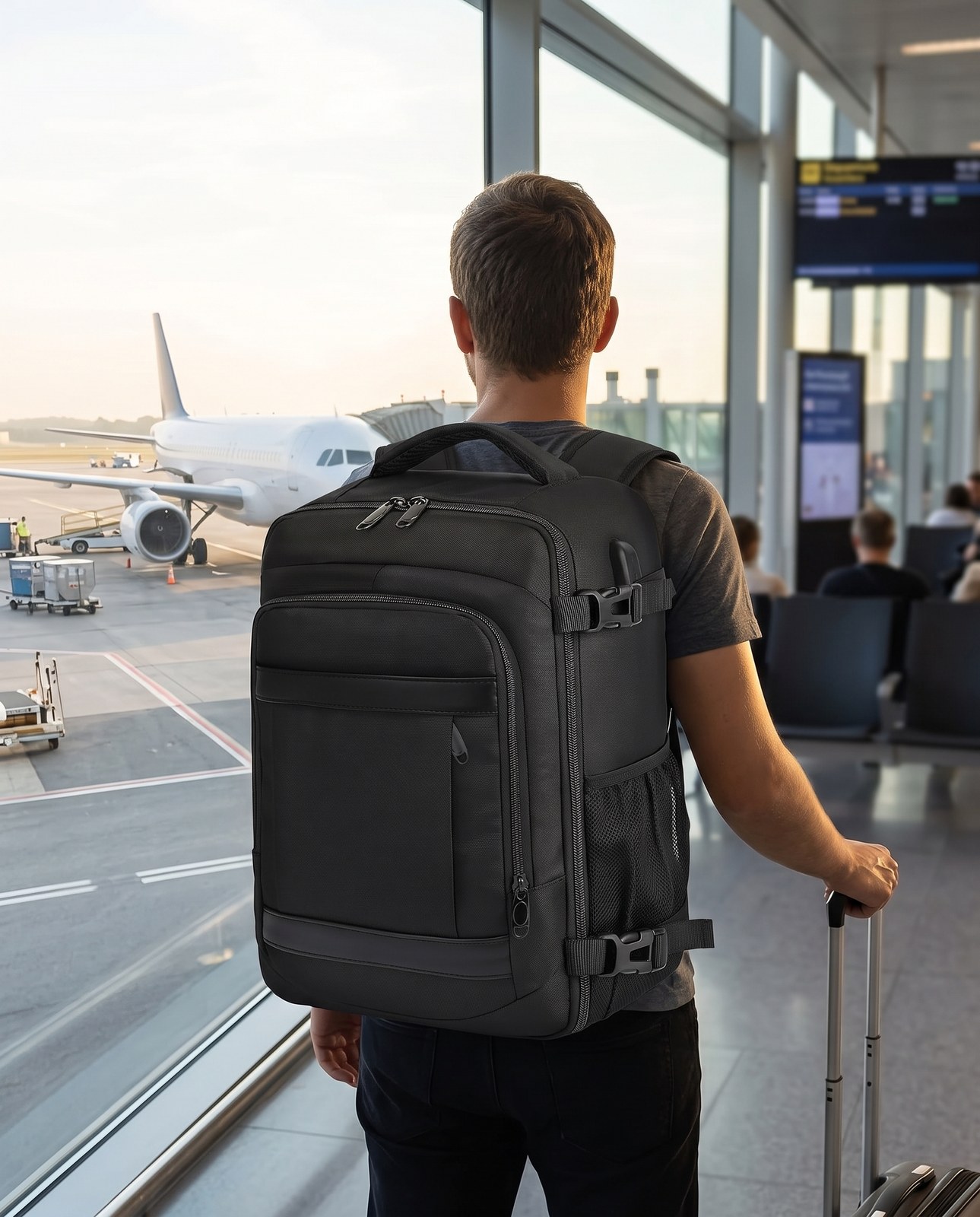 Traveller wearing a black cabin backpack at an airport window