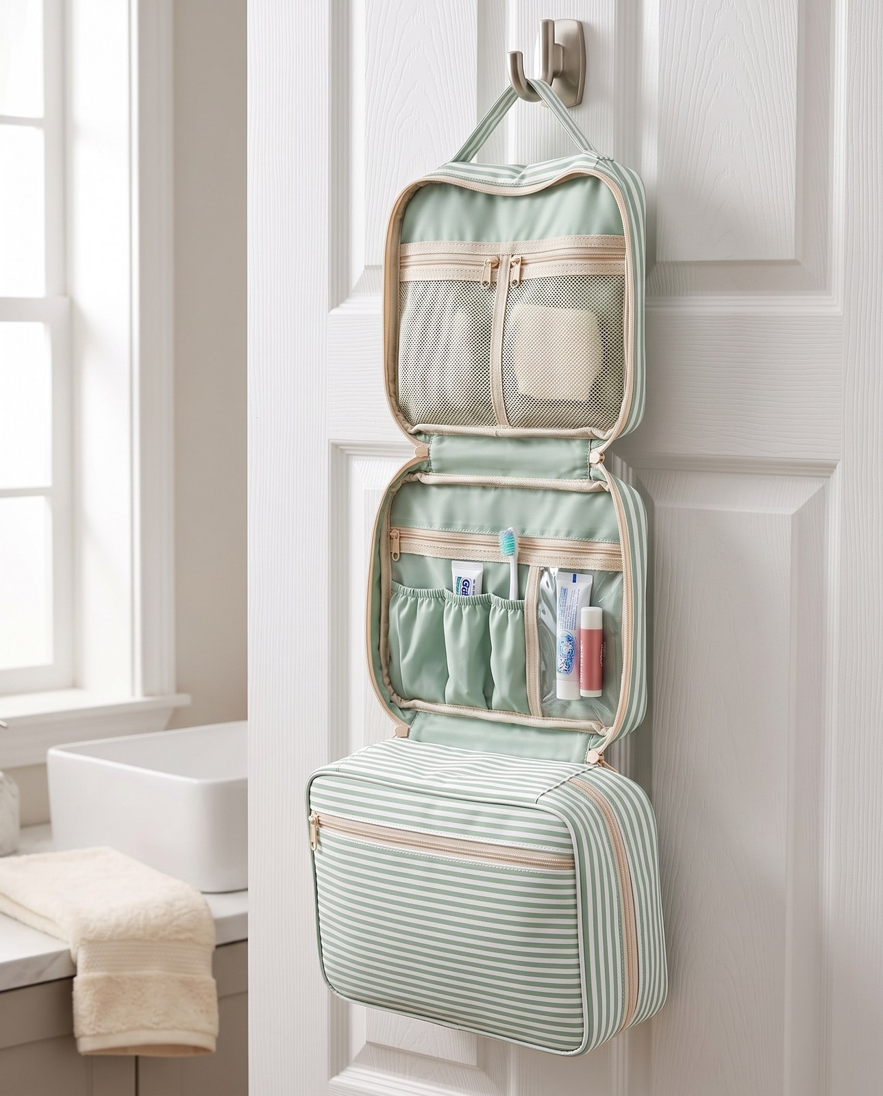 Mint striped hanging toiletry bag on a bathroom door