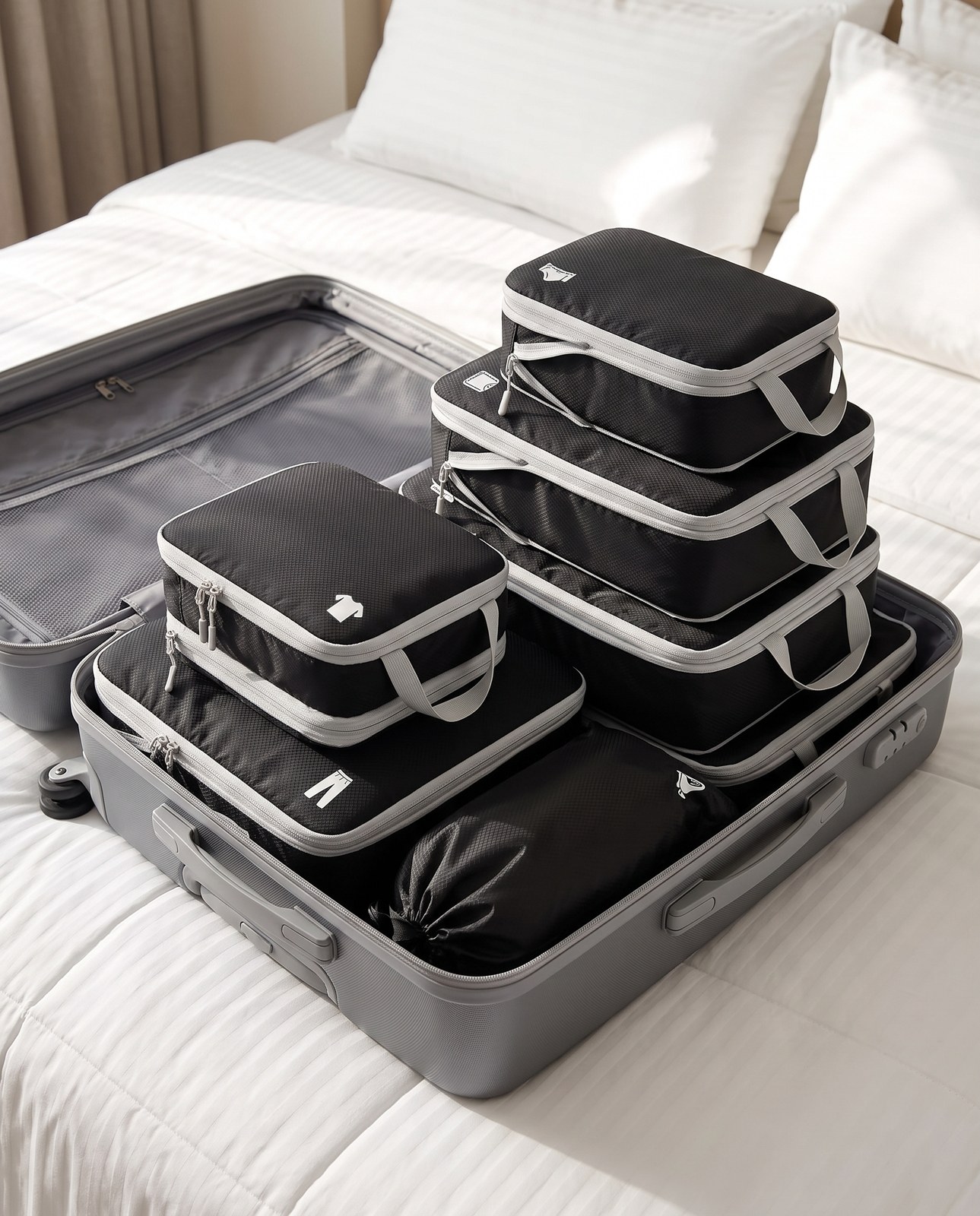 Black compression packing cubes in an open suitcase on a bed