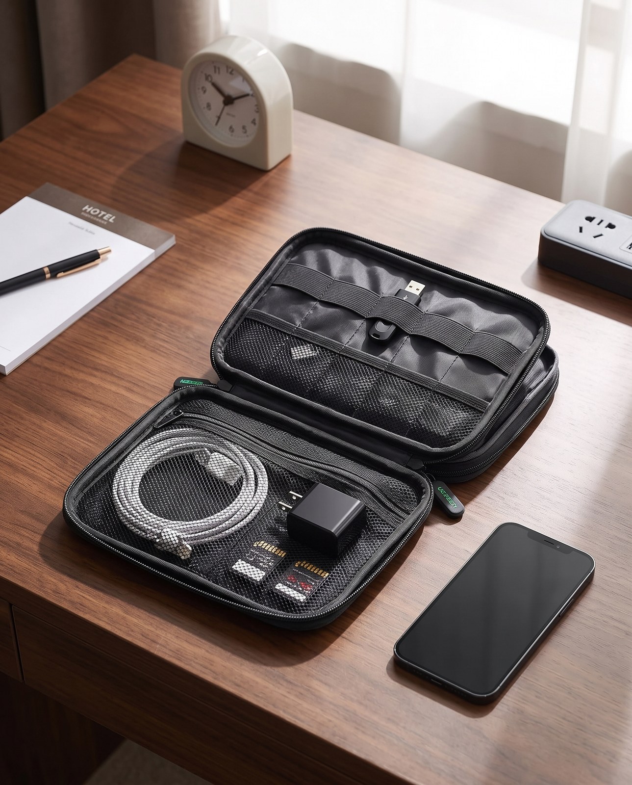 Open travel electronics organiser with cables and chargers on a desk