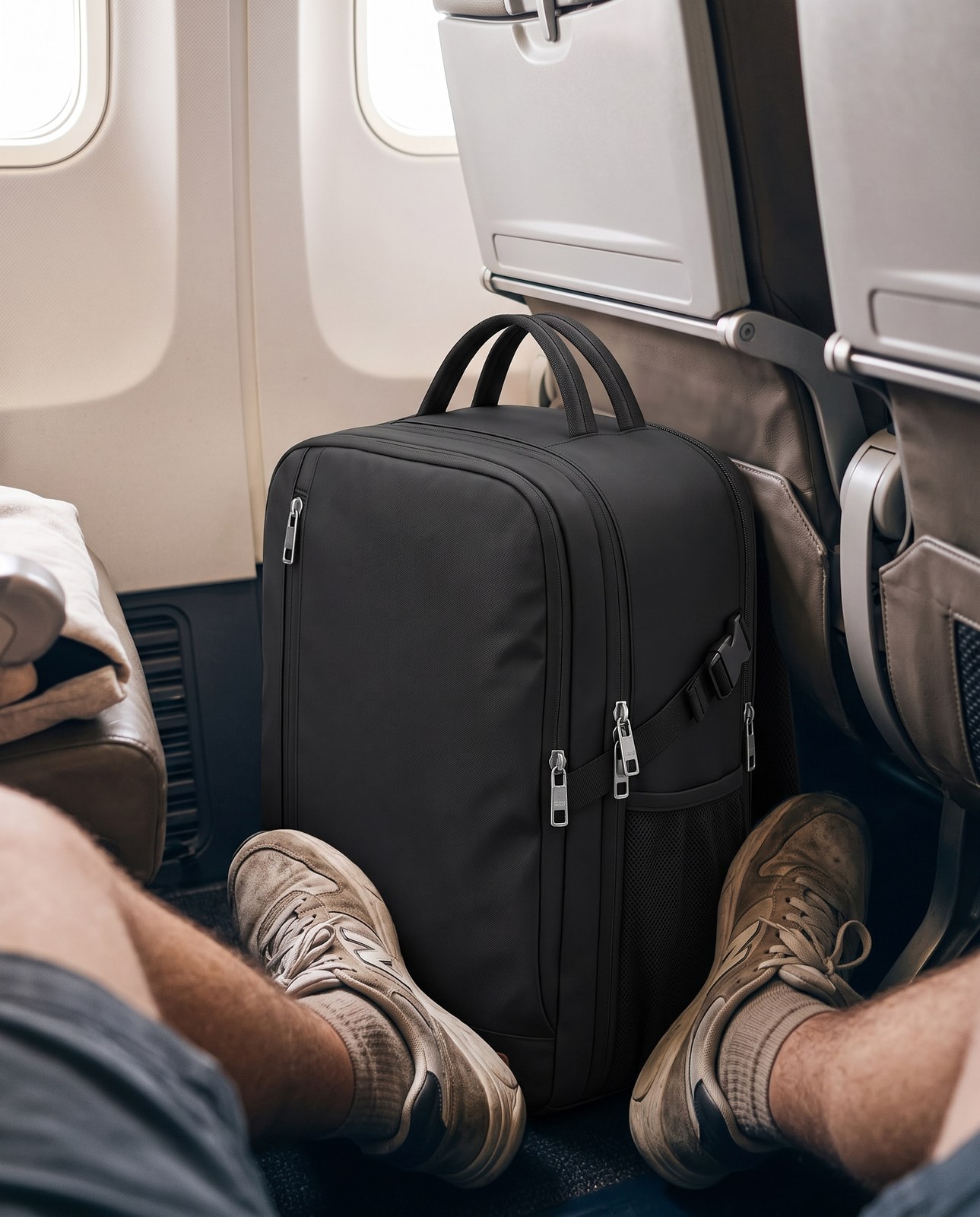 Black backpack stowed under an aircraft seat