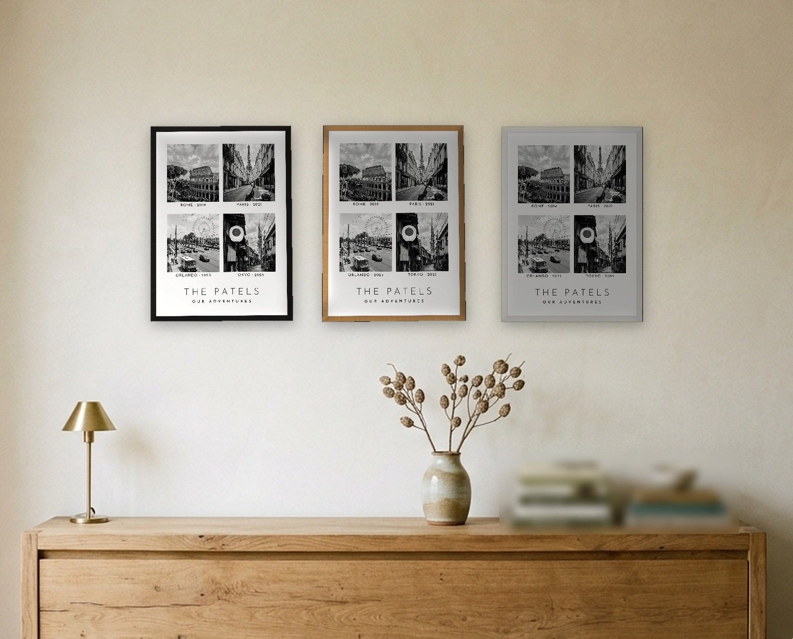 The three frame finishes side by side: black, natural oak and white