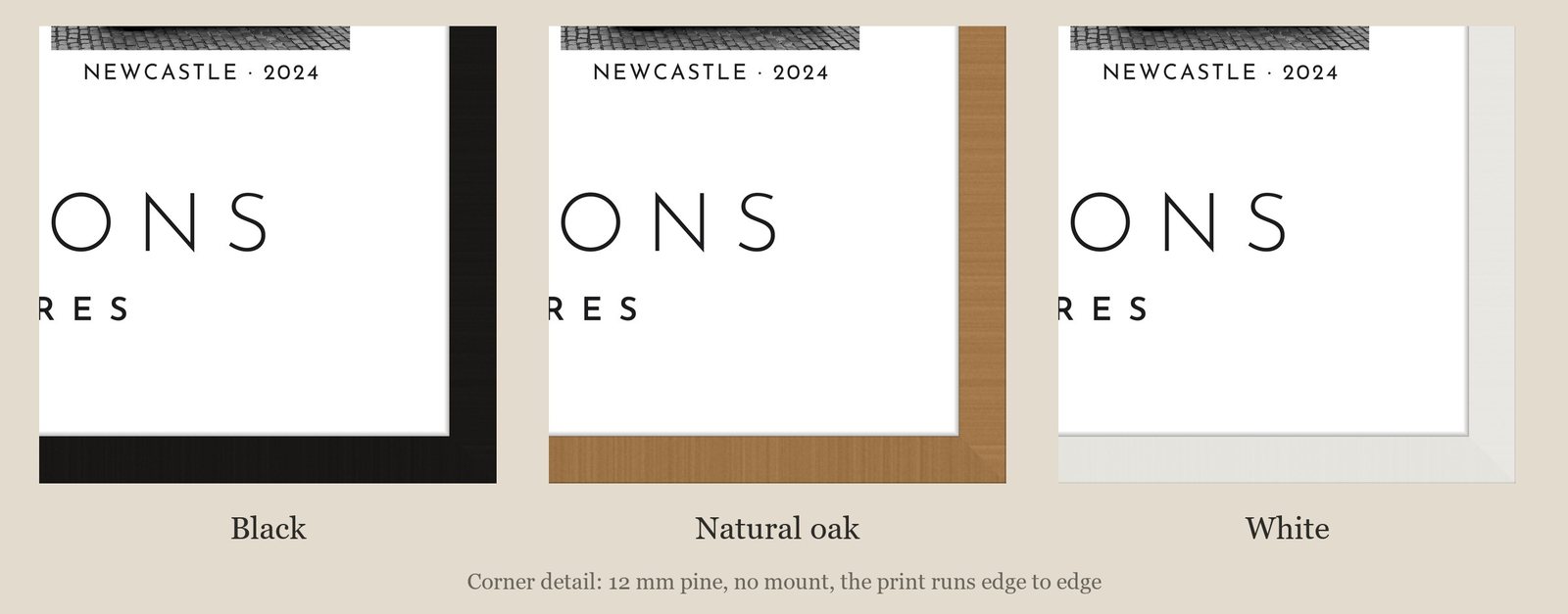 Corner detail of each frame finish: black, natural oak and white, no mount