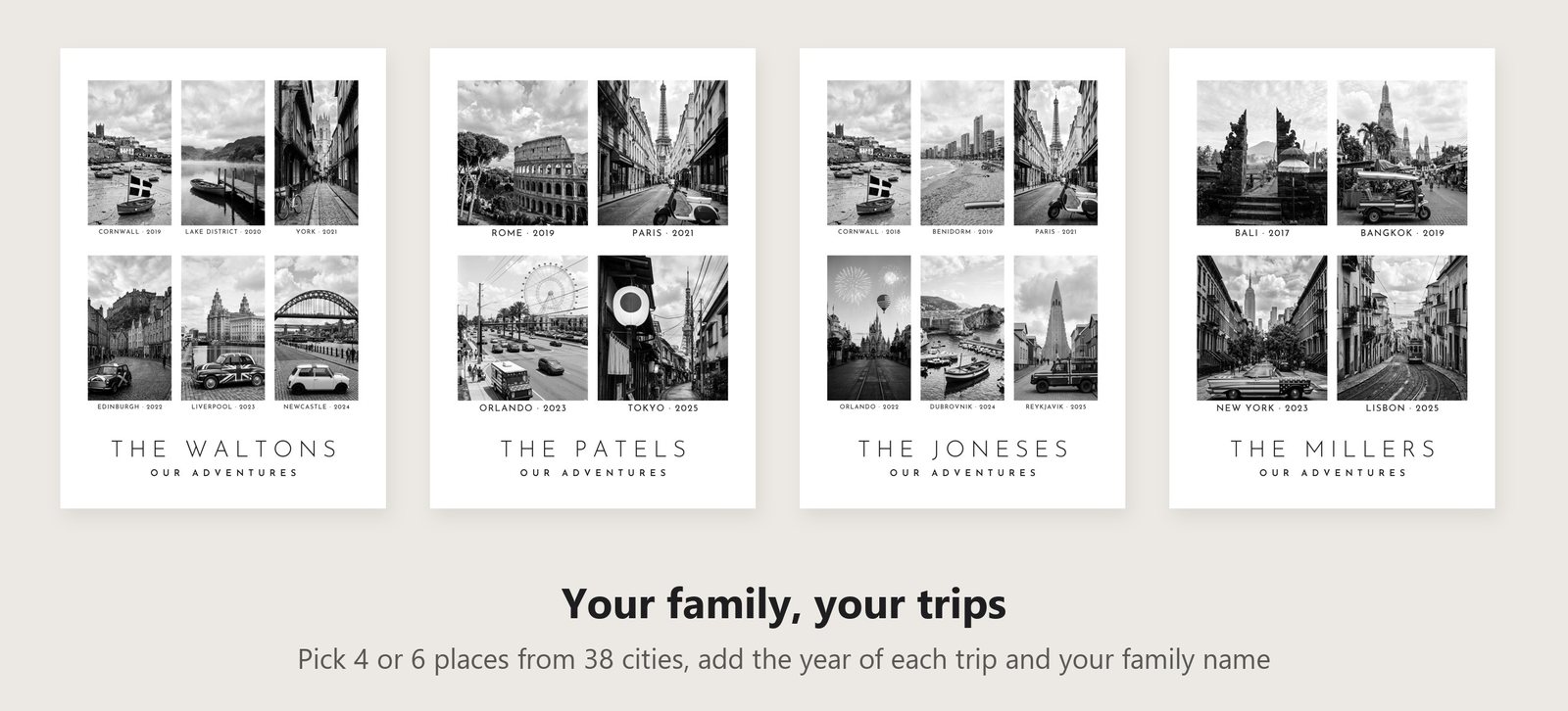 Four example families on Our Family Adventures prints: The Waltons, The Patels, The Joneses and The Millers