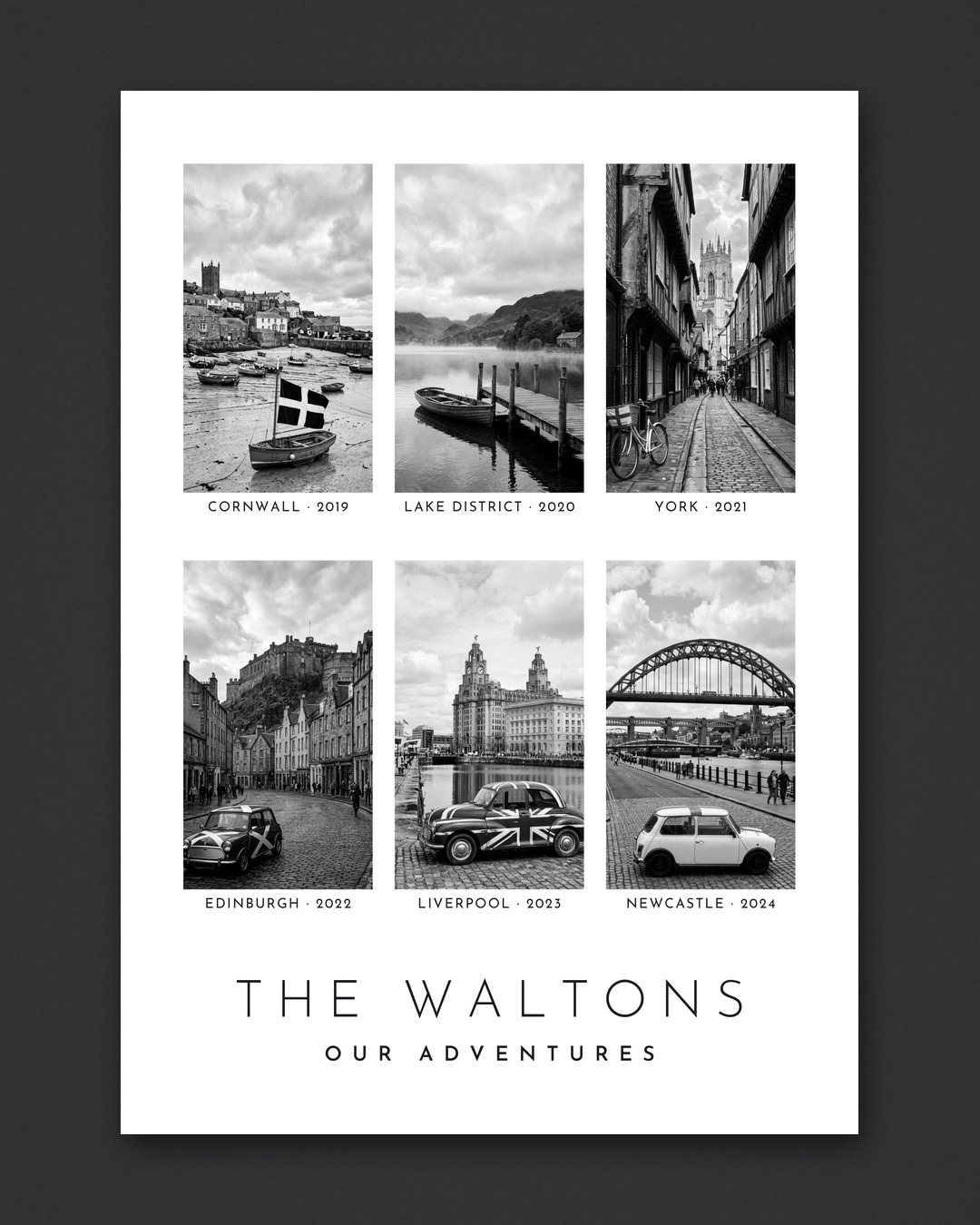 The unframed Our Family Adventures print: six city pictures with years above THE WALTONS and OUR ADVENTURES