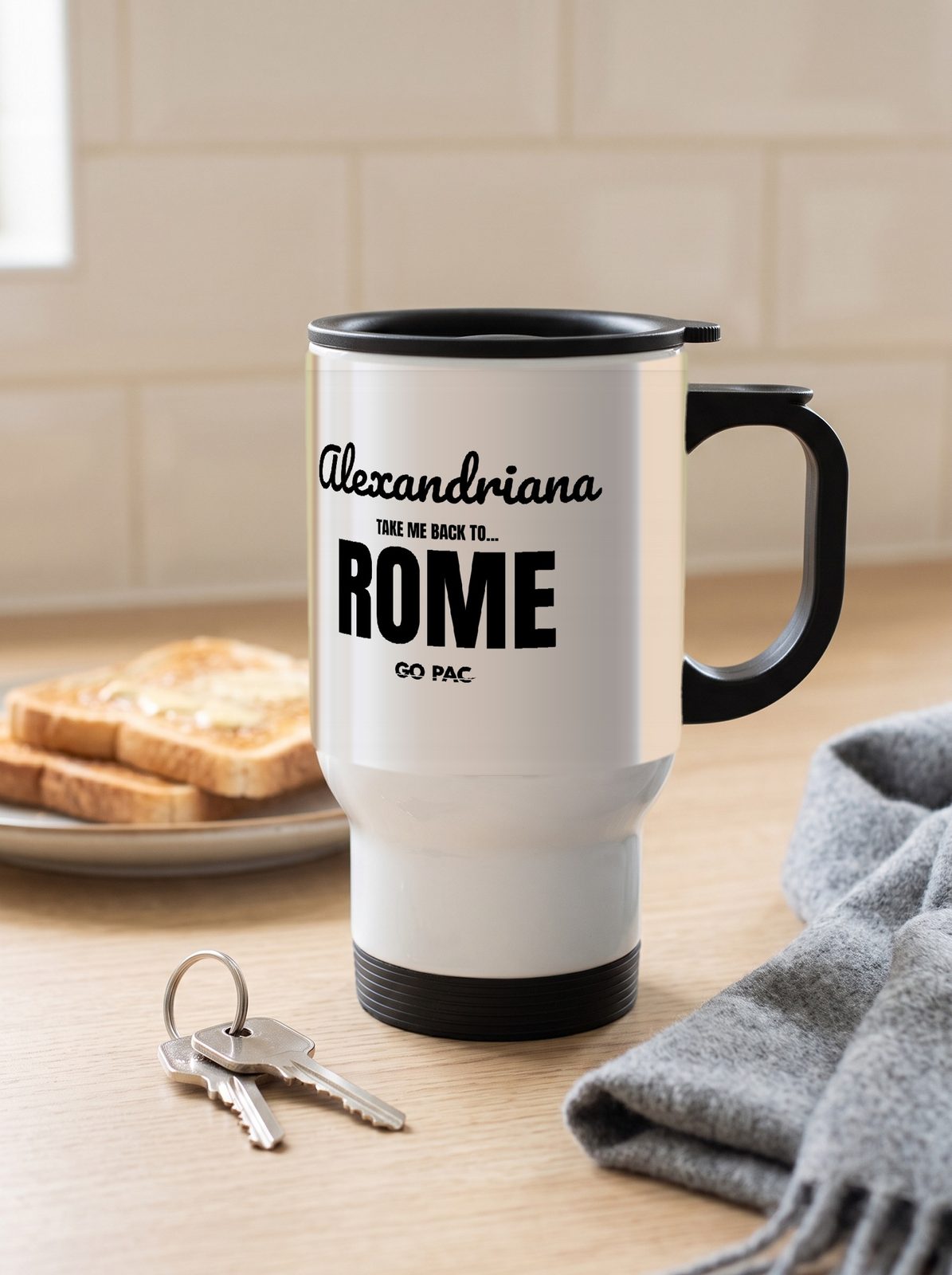 White travel mug with Alexandriana and TAKE ME BACK TO... ROME, ready to take out of the door