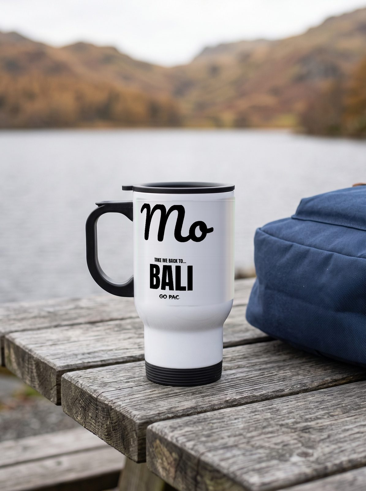 Personalised white travel mug carried on a walk in the Lakes