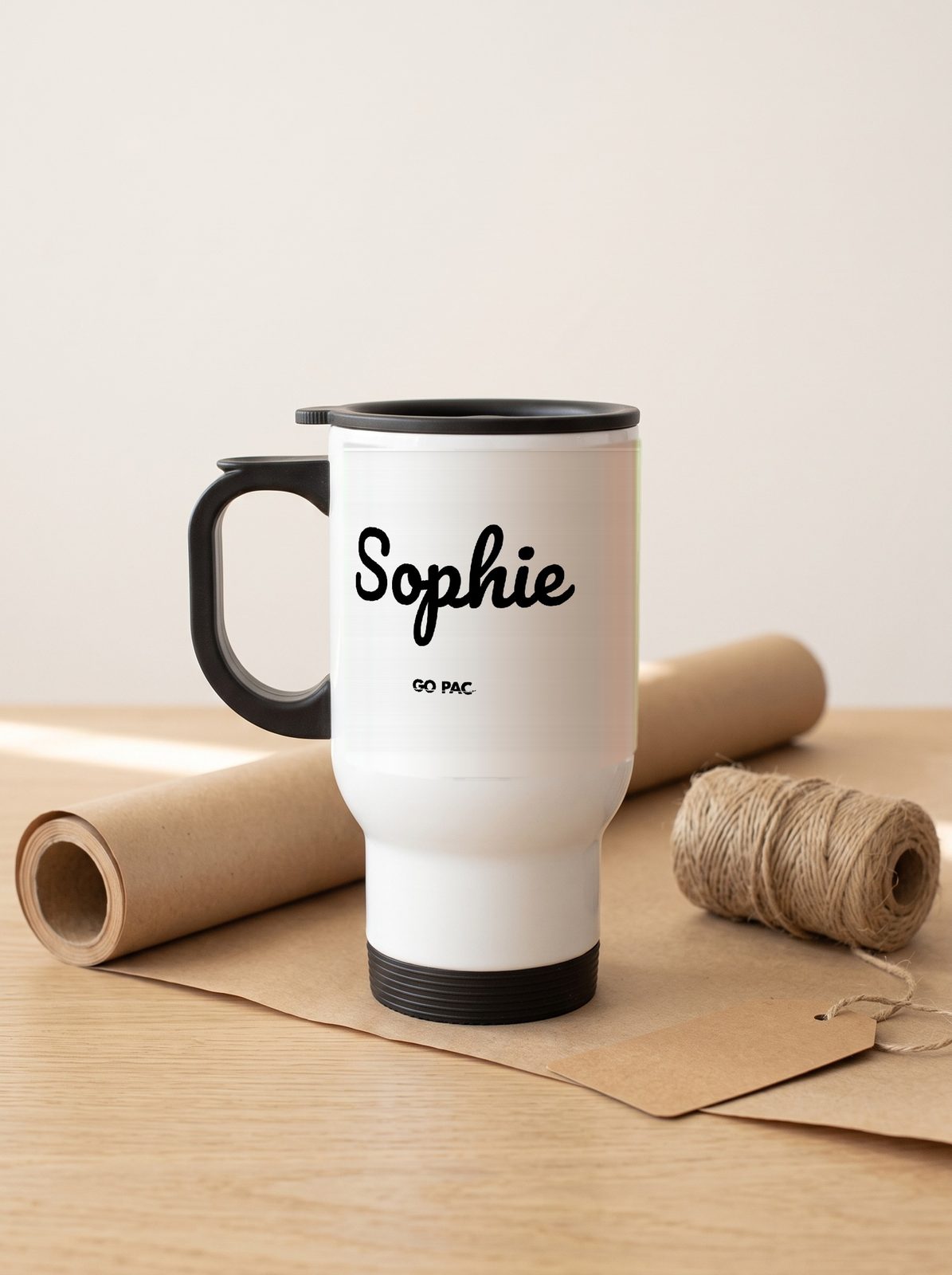 Personalised white travel mug ready to wrap as a gift