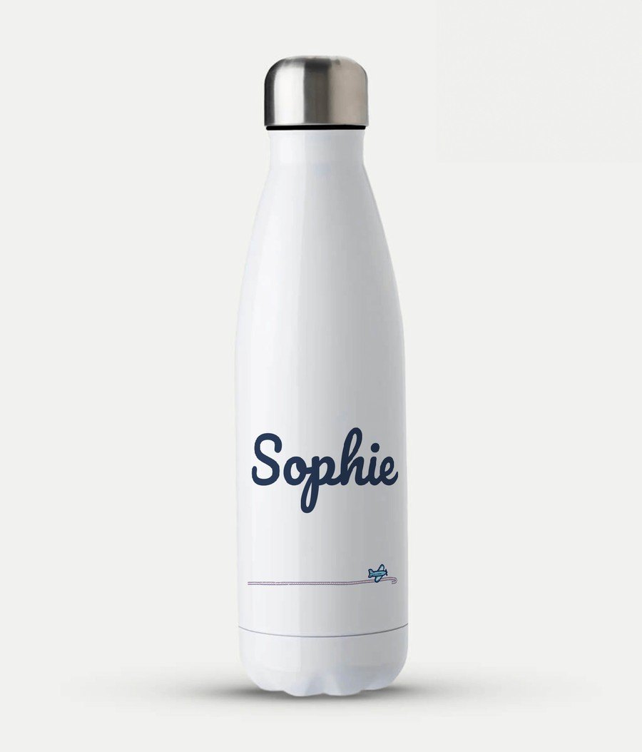 White steel water bottle printed with the name Sophie in navy script