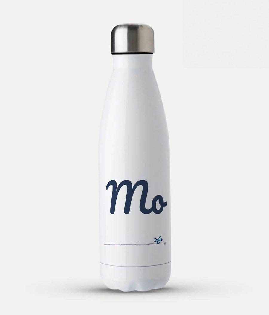 White steel water bottle printed with the name Mo in large navy script