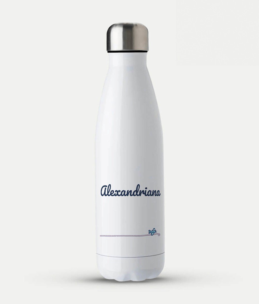 White steel water bottle printed with the name Alexandriana in navy script