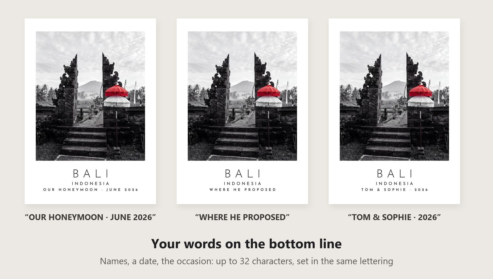 Our Trip Bali print: three example lines to personalise it