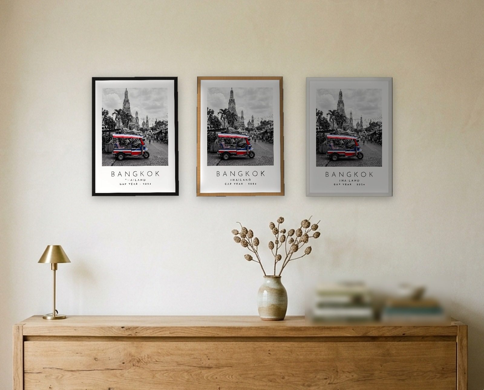 Our Trip Bangkok print: the three frame finishes side by side black natural oak white