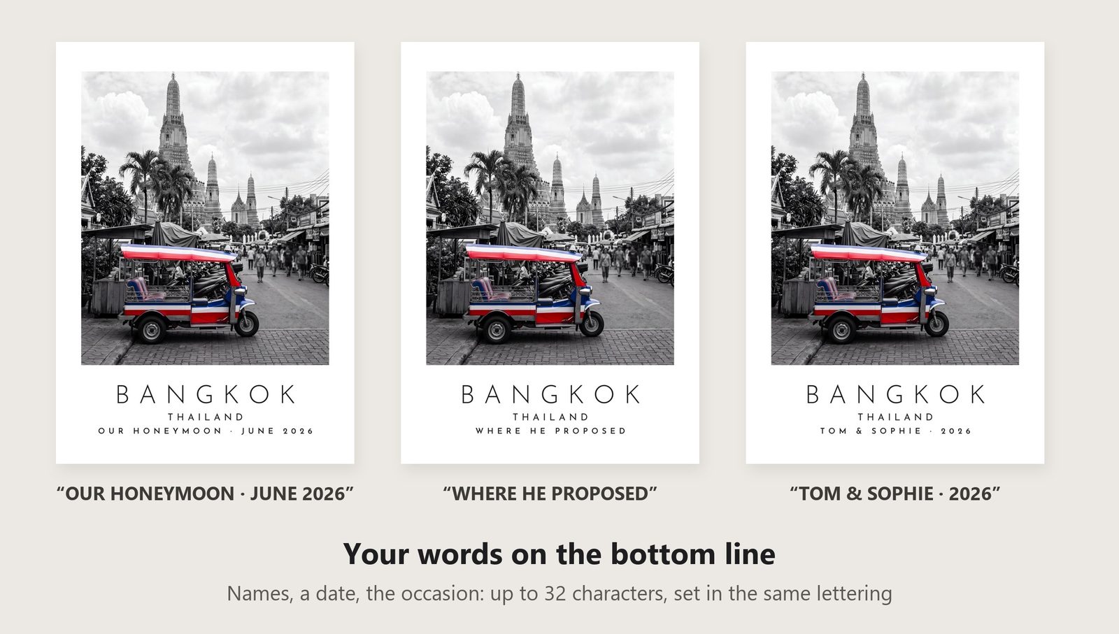 Our Trip Bangkok print: three example lines to personalise it