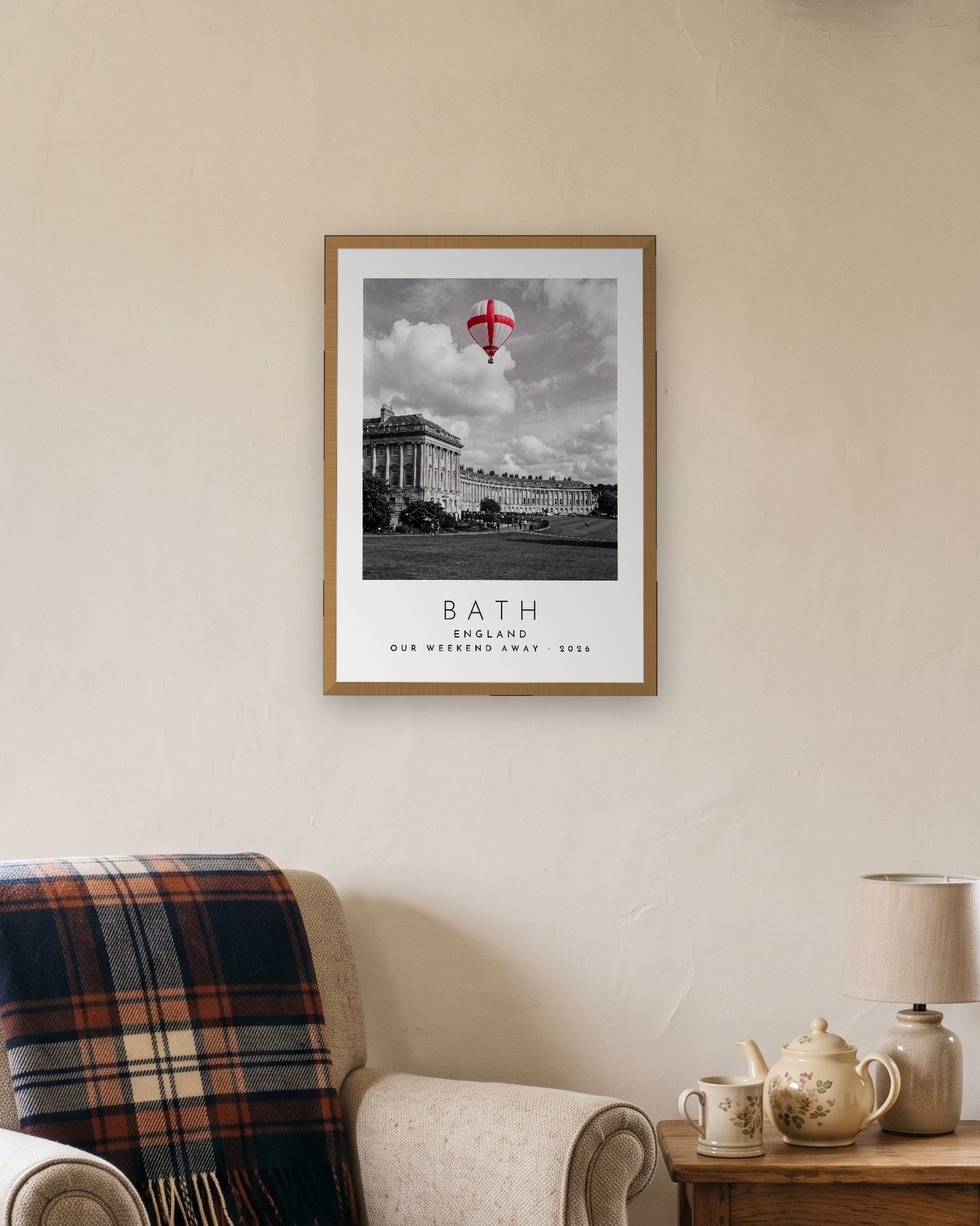 Our Trip Bath print: natural oak frame A3 in a cottage snug, personalised OUR WEEKEND AWAY · 2026