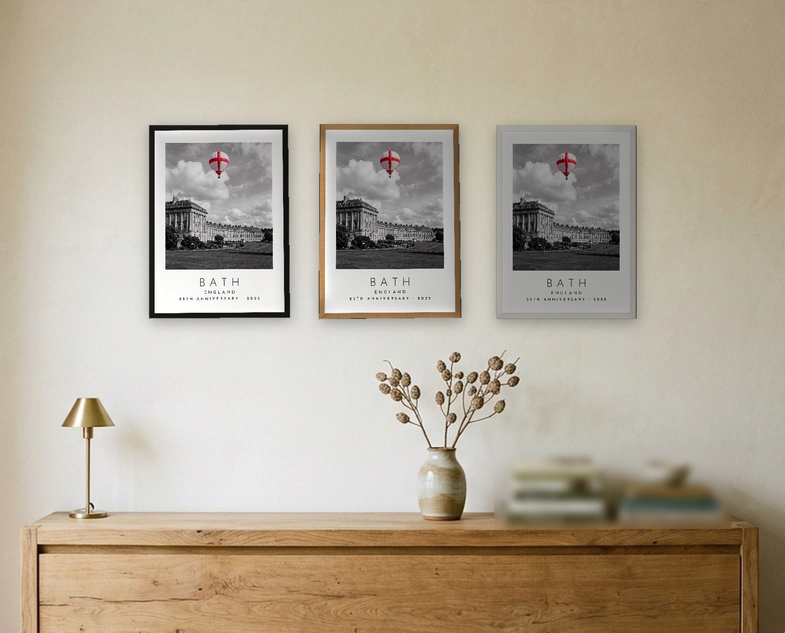 Our Trip Bath print: the three frame finishes side by side black natural oak white