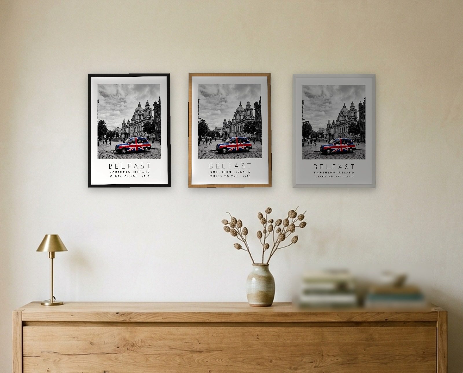 Our Trip Belfast print: the three frame finishes side by side black natural oak white