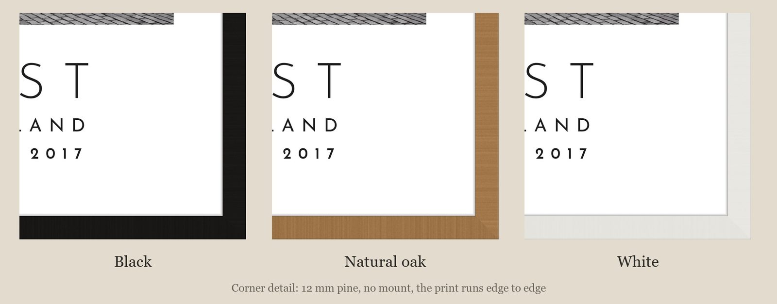 Our Trip Belfast print: corner detail of each finish