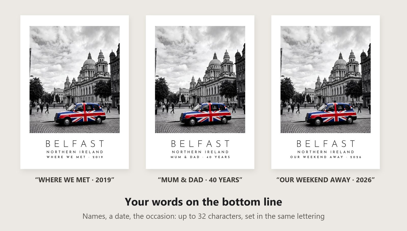 Our Trip Belfast print: three example lines to personalise it