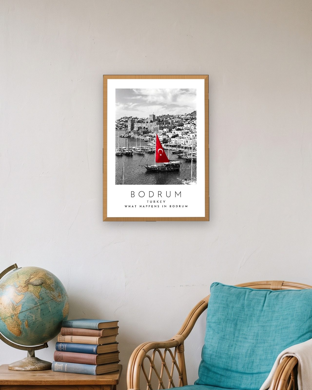 Our Trip Bodrum print: natural oak frame A3 in a travel lover's flat, personalised WHAT HAPPENS IN BODRUM