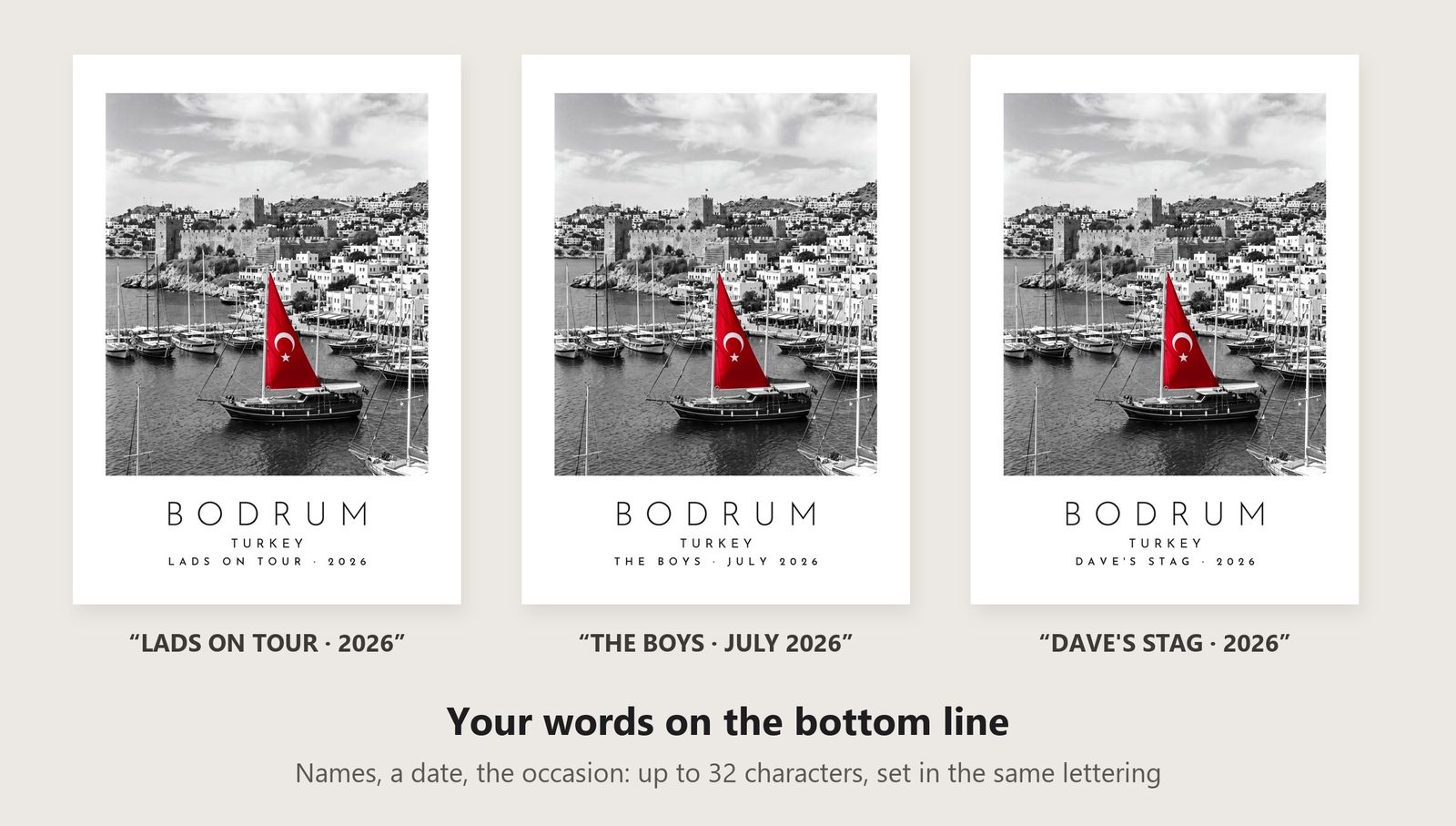Our Trip Bodrum print: three example lines to personalise it